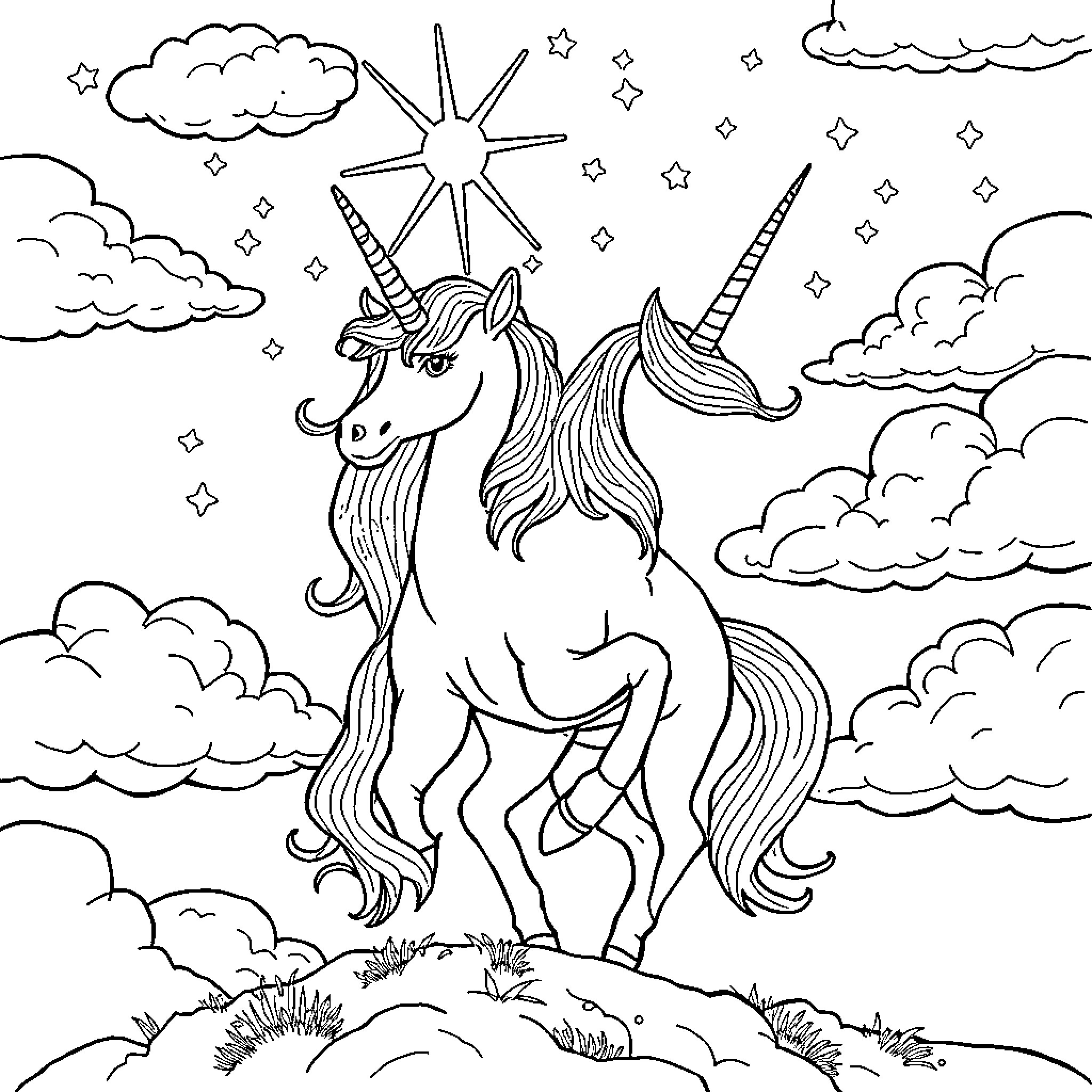 Unicorn Gazing at Shining Stars in the Clouds Coloring Page (free black-and-white line drawing printable PDF for all, from beginners to advanced learners, including children, teens, adults, and seniors)