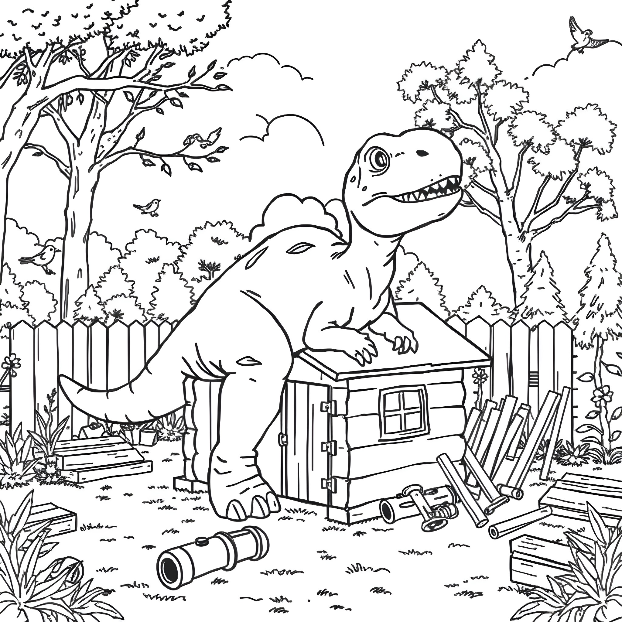 Giganotosaurus exploring the forest with curiosity Coloring Page (free black-and-white line drawing printable PDF for all, from beginners to advanced learners, including children, teens, adults, and seniors)