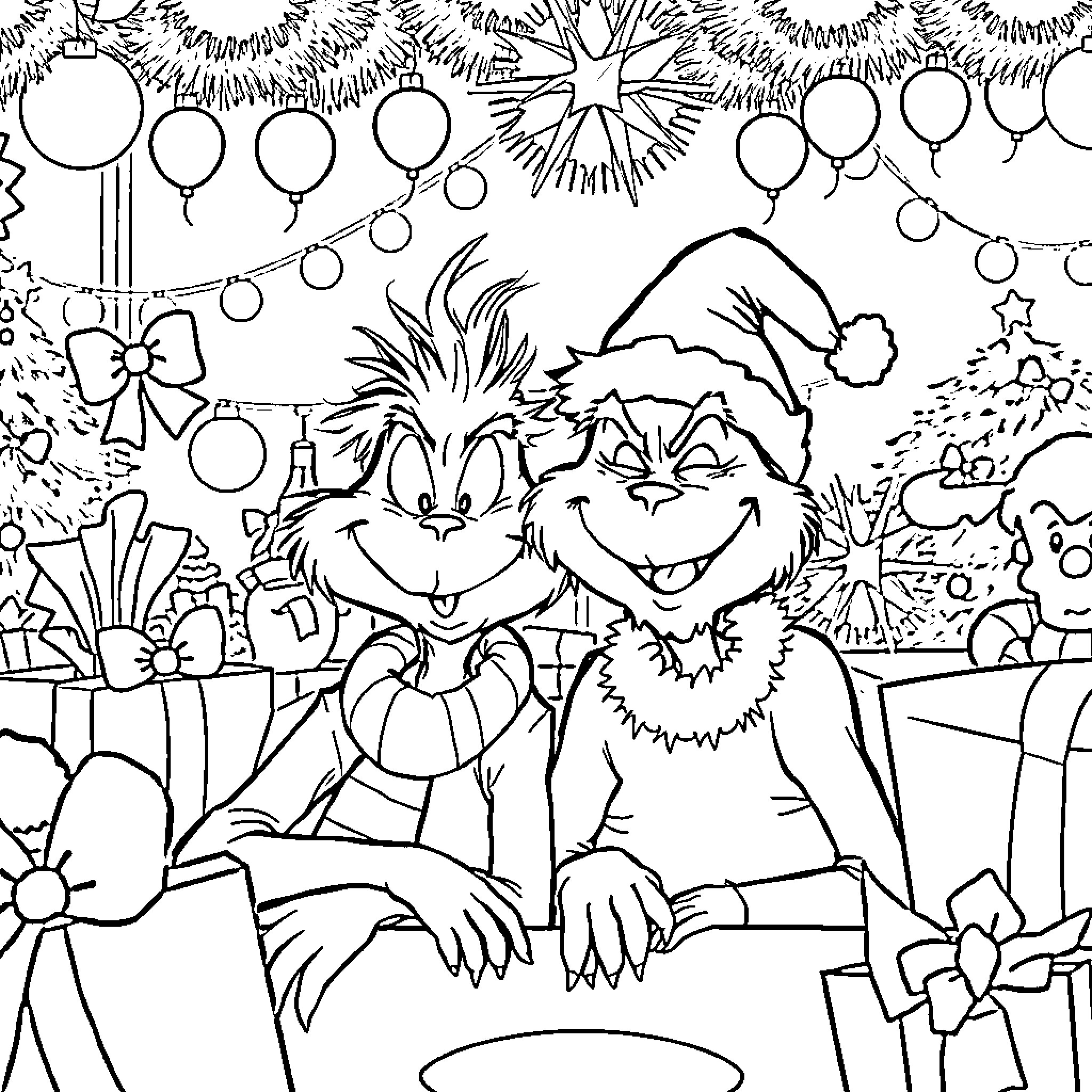 Grinch and friend celebrate festive holiday scene Coloring Page (free black-and-white line drawing printable PDF for all, from beginners to advanced learners, including children, teens, adults, and seniors)