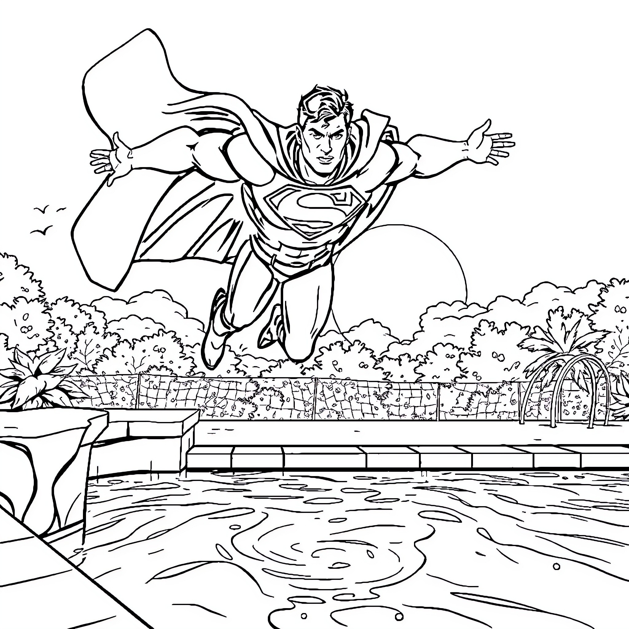 Superman in flight over a scenic landscape Coloring Page (free black-and-white line drawing printable PDF for all, from beginners to advanced learners, including children, teens, adults, and seniors)