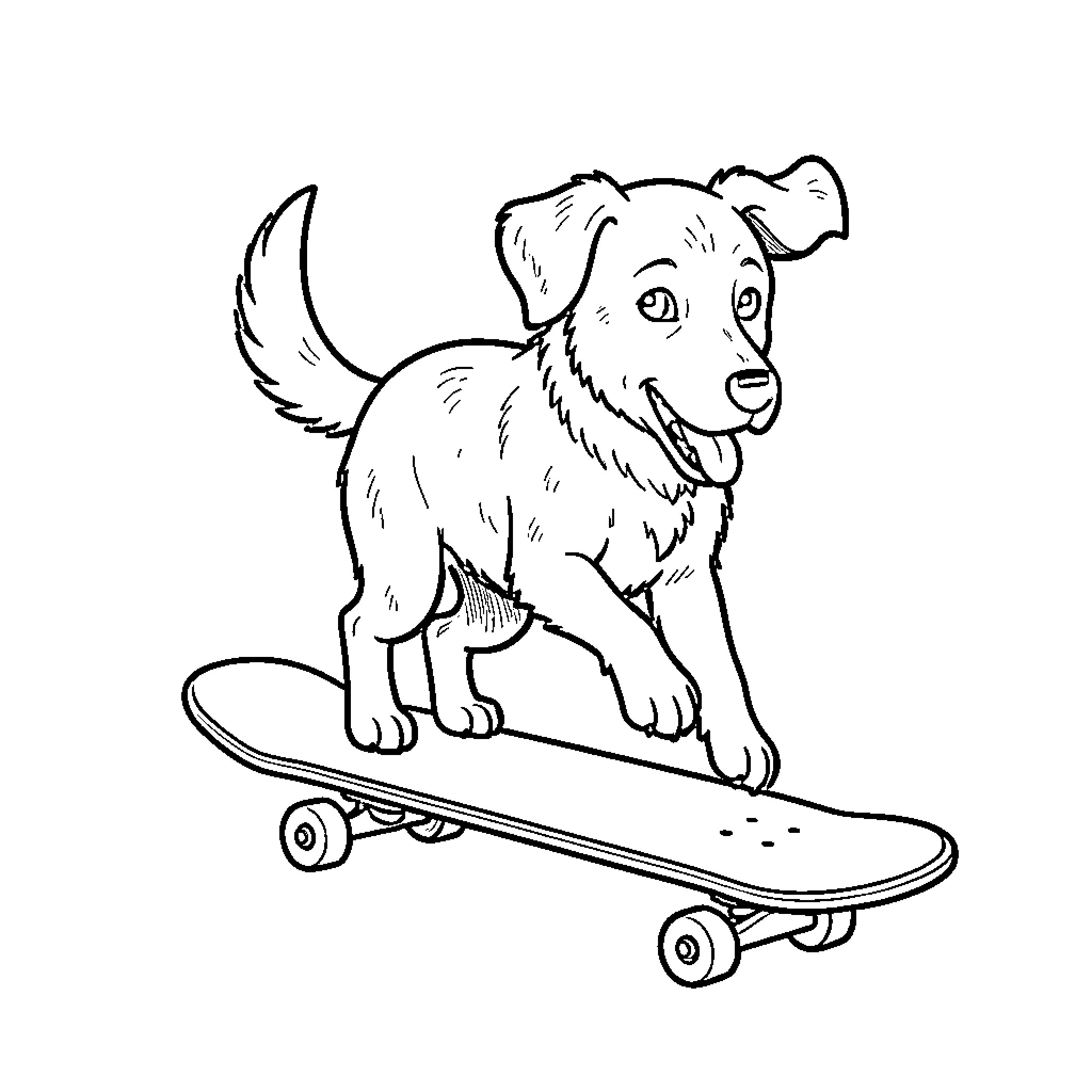 Dog riding a skateboard with a happy expression Coloring Page (free black-and-white line drawing printable PDF for all, from beginners to advanced learners, including children, teens, adults, and seniors)