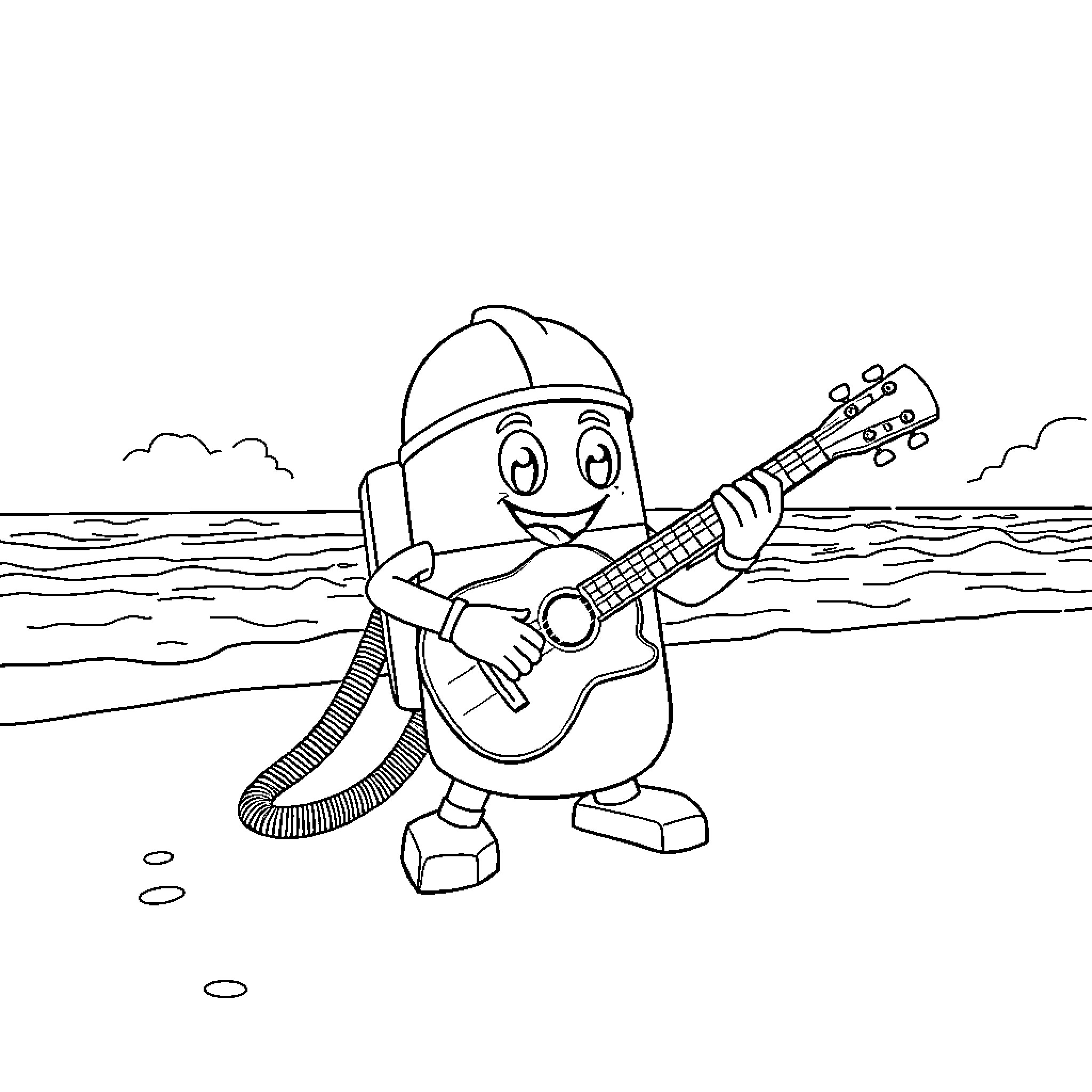 Vacuum Cleaner playing guitar on the beach Coloring Page (free black-and-white line drawing printable PDF for all, from beginners to advanced learners, including children, teens, adults, and seniors)