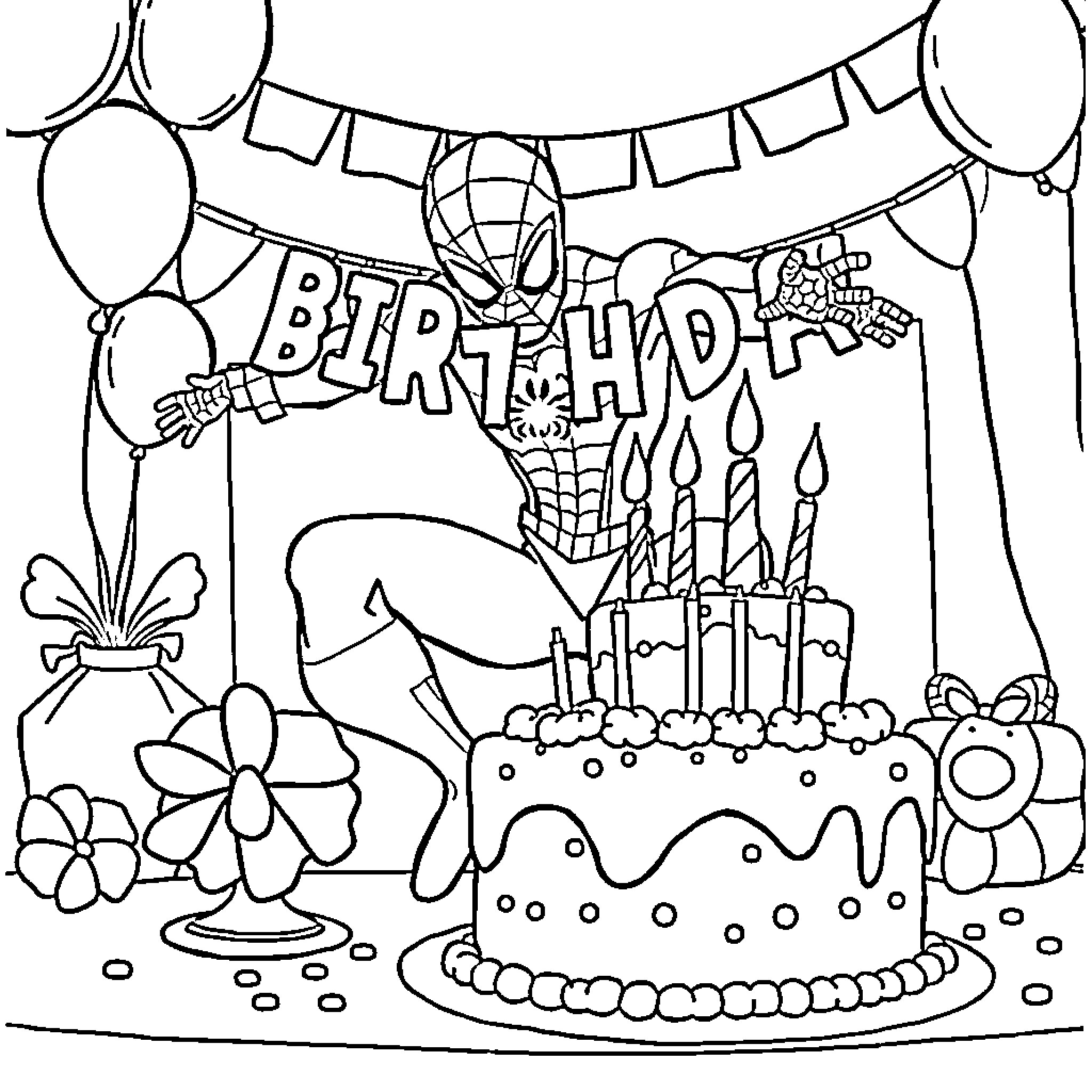 Spiderman's birthday celebration with balloons and cake Coloring Page (free black-and-white line drawing printable PDF for all, from beginners to advanced learners, including children, teens, adults, and seniors)