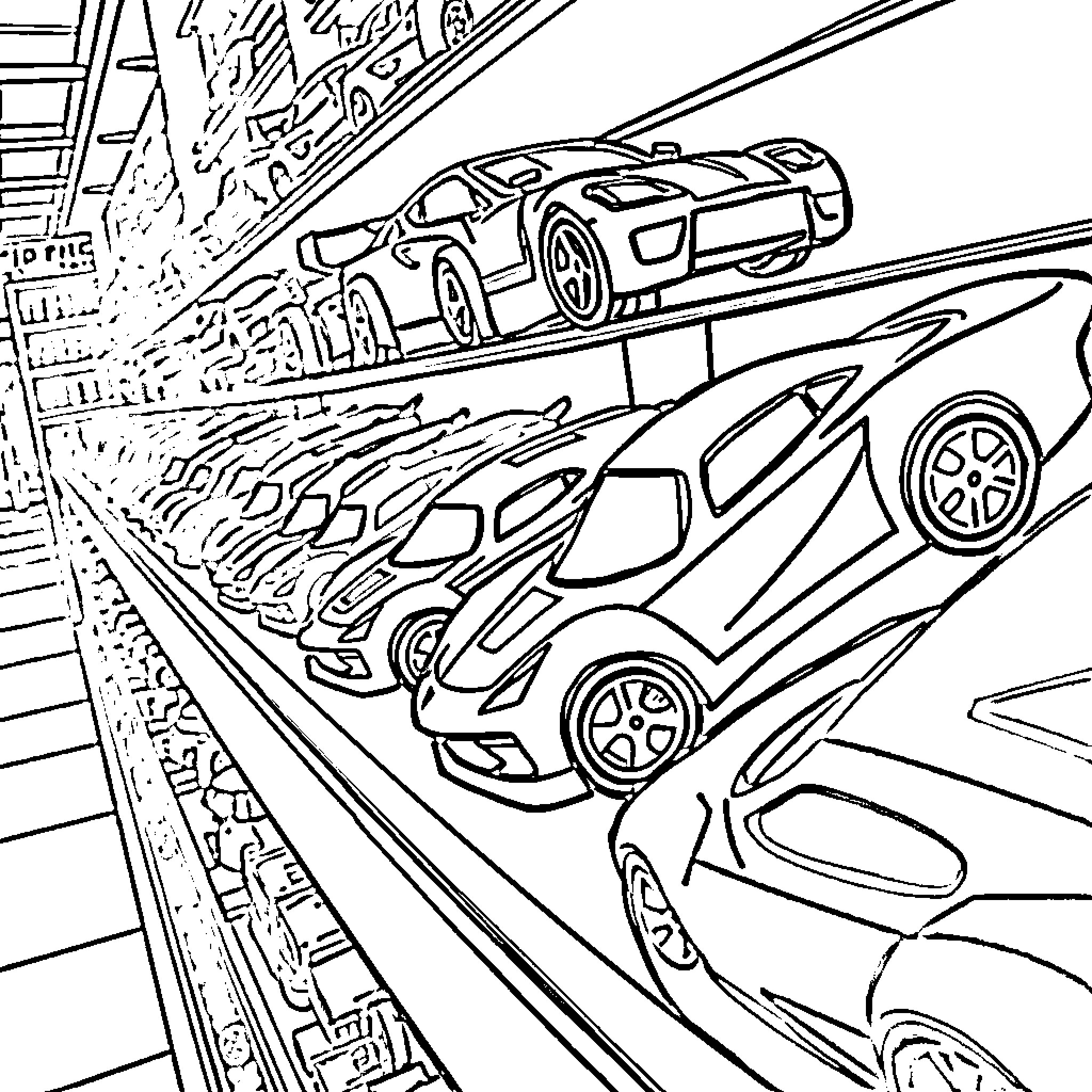 Hotwheels cars racing on a track Coloring Page (free black-and-white line drawing printable PDF for all, from beginners to advanced learners, including children, teens, adults, and seniors)