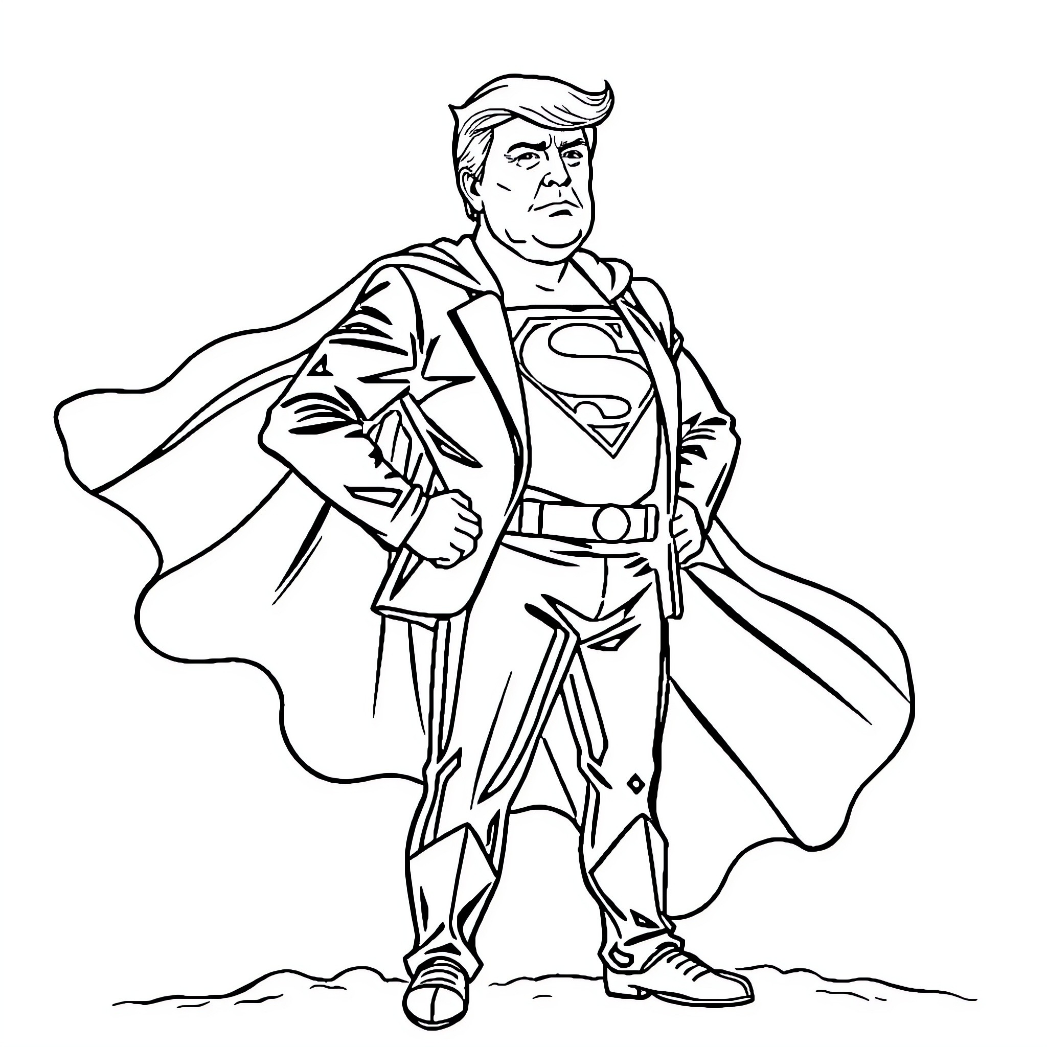 Donald Trump portrayed as a superhero Coloring Page (free black-and-white line drawing printable PDF for all, from beginners to advanced learners, including children, teens, adults, and seniors)