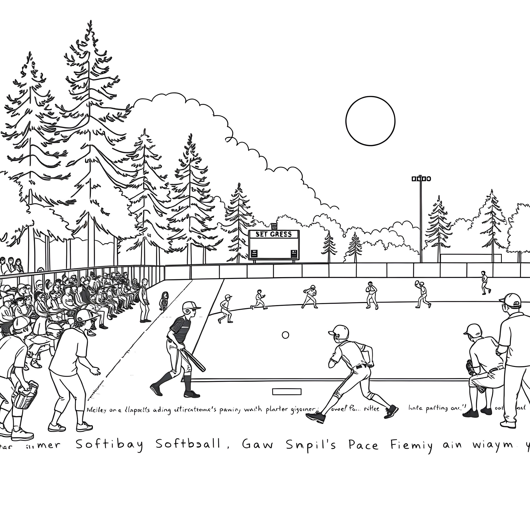Woman playing softball with friends on the field Coloring Page (free black-and-white line drawing printable PDF for all, from beginners to advanced learners, including children, teens, adults, and seniors)