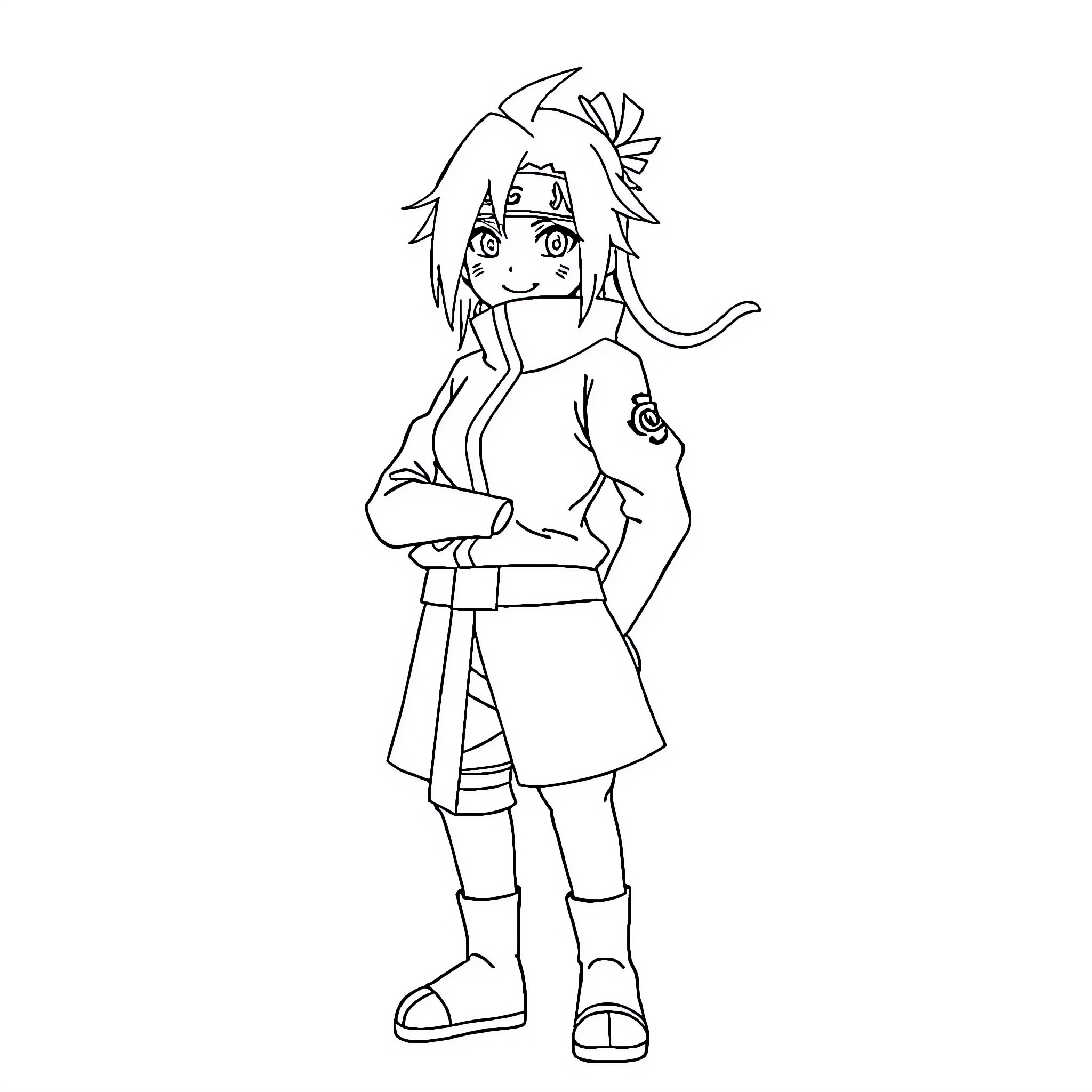 Sakura anime character in confident pose Coloring Page (free black-and-white line drawing printable PDF for all, from beginners to advanced learners, including children, teens, adults, and seniors)