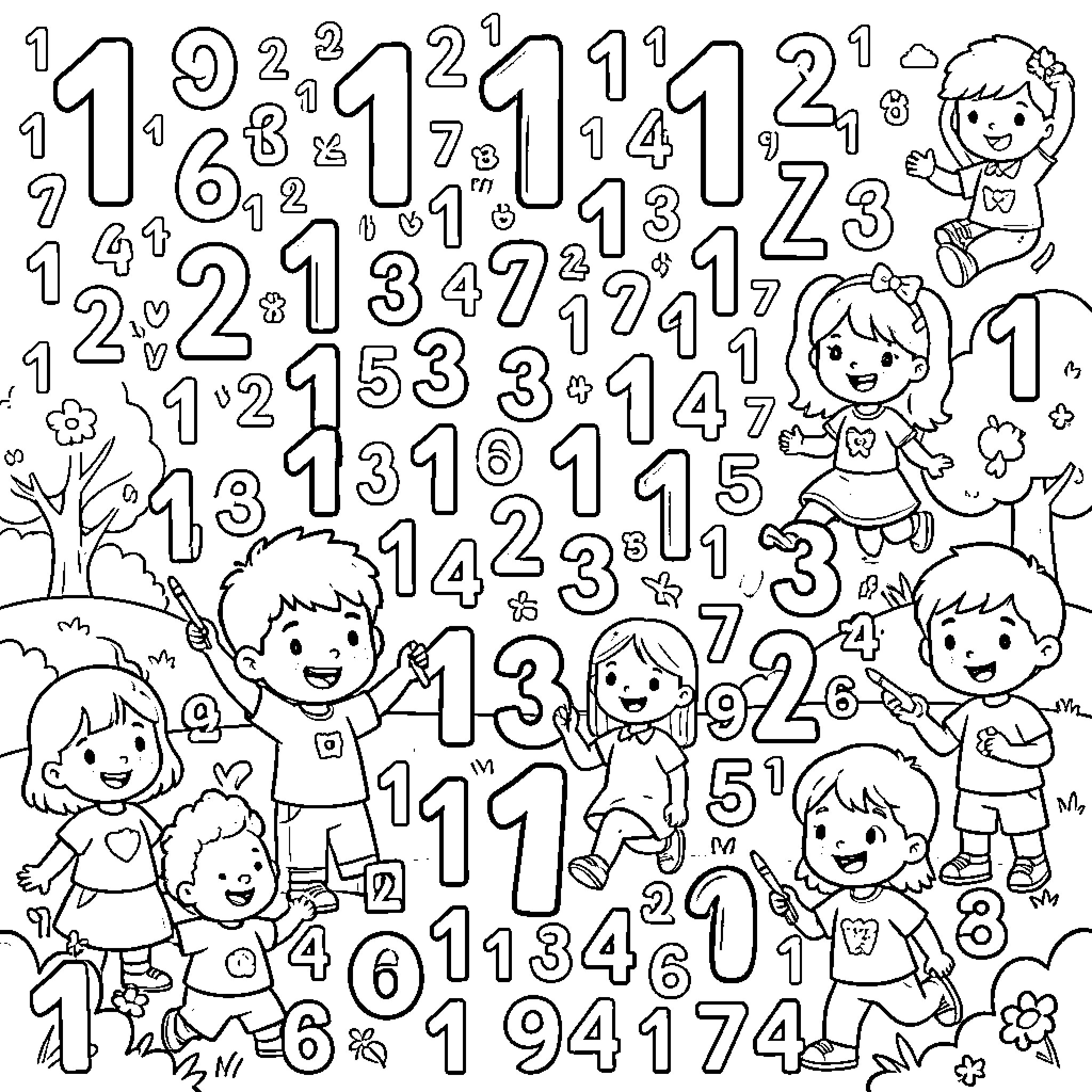 Number 1: Playful kids and scattered numbers Coloring Page (free black-and-white line drawing printable PDF for all, from beginners to advanced learners, including children, teens, adults, and seniors)