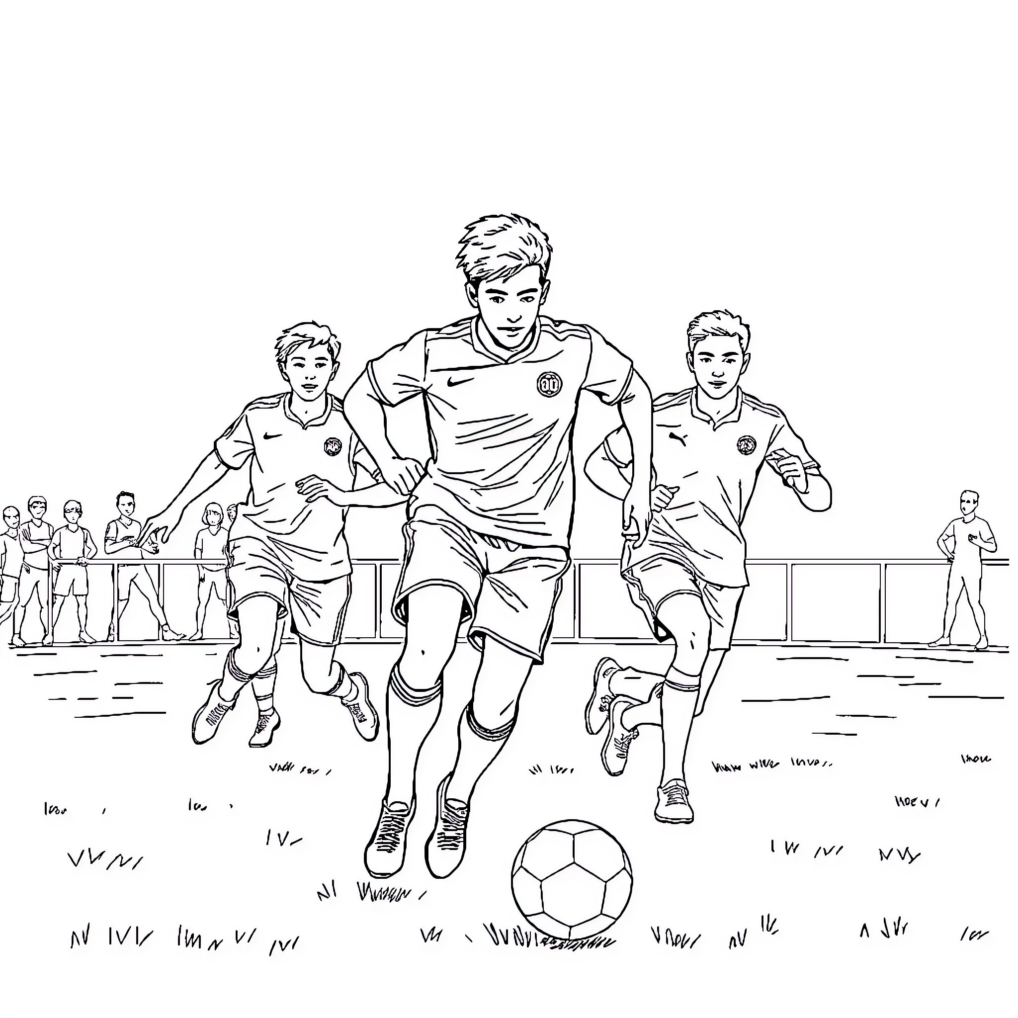 Young Men Playing Soccer on Field Coloring Page (free black-and-white line drawing printable PDF for all, from beginners to advanced learners, including children, teens, adults, and seniors)