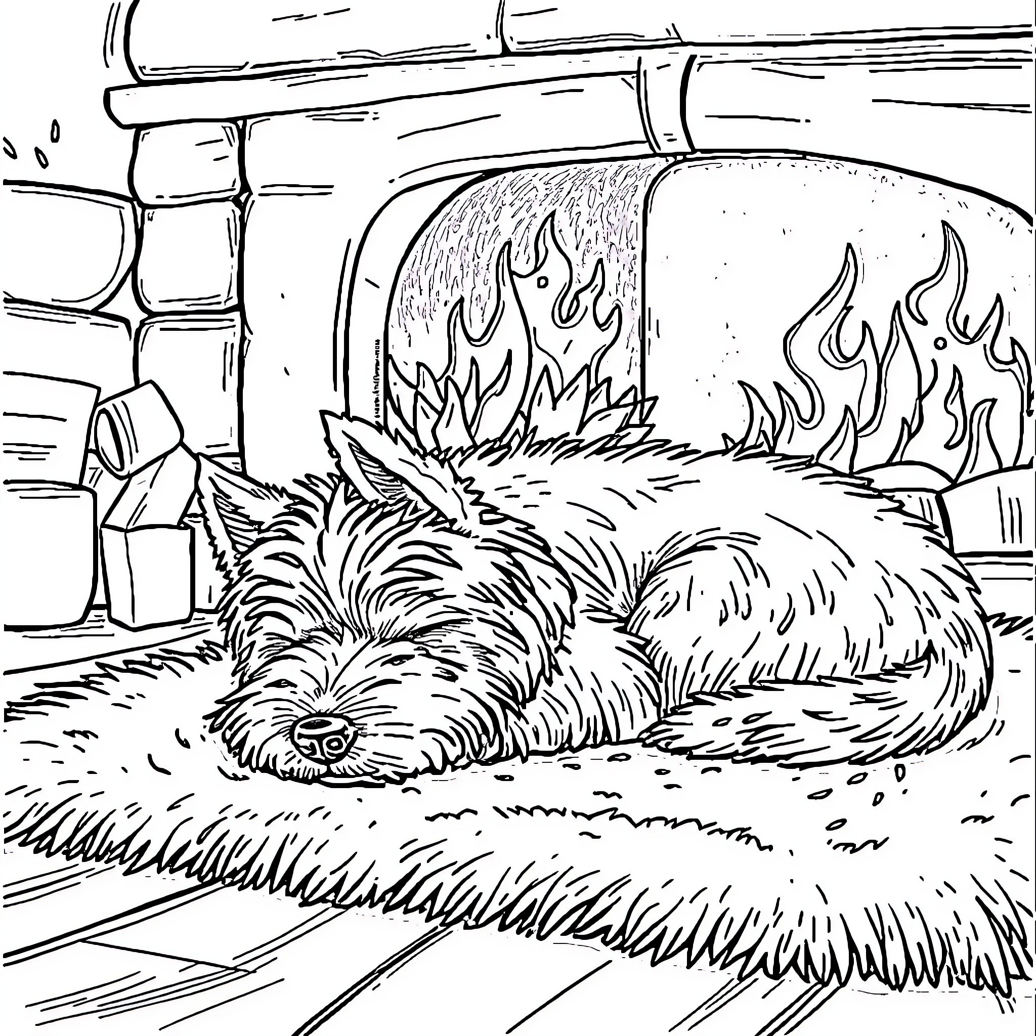Westie resting by the fireplace Coloring Page (free black-and-white line drawing printable PDF for all, from beginners to advanced learners, including children, teens, adults, and seniors)