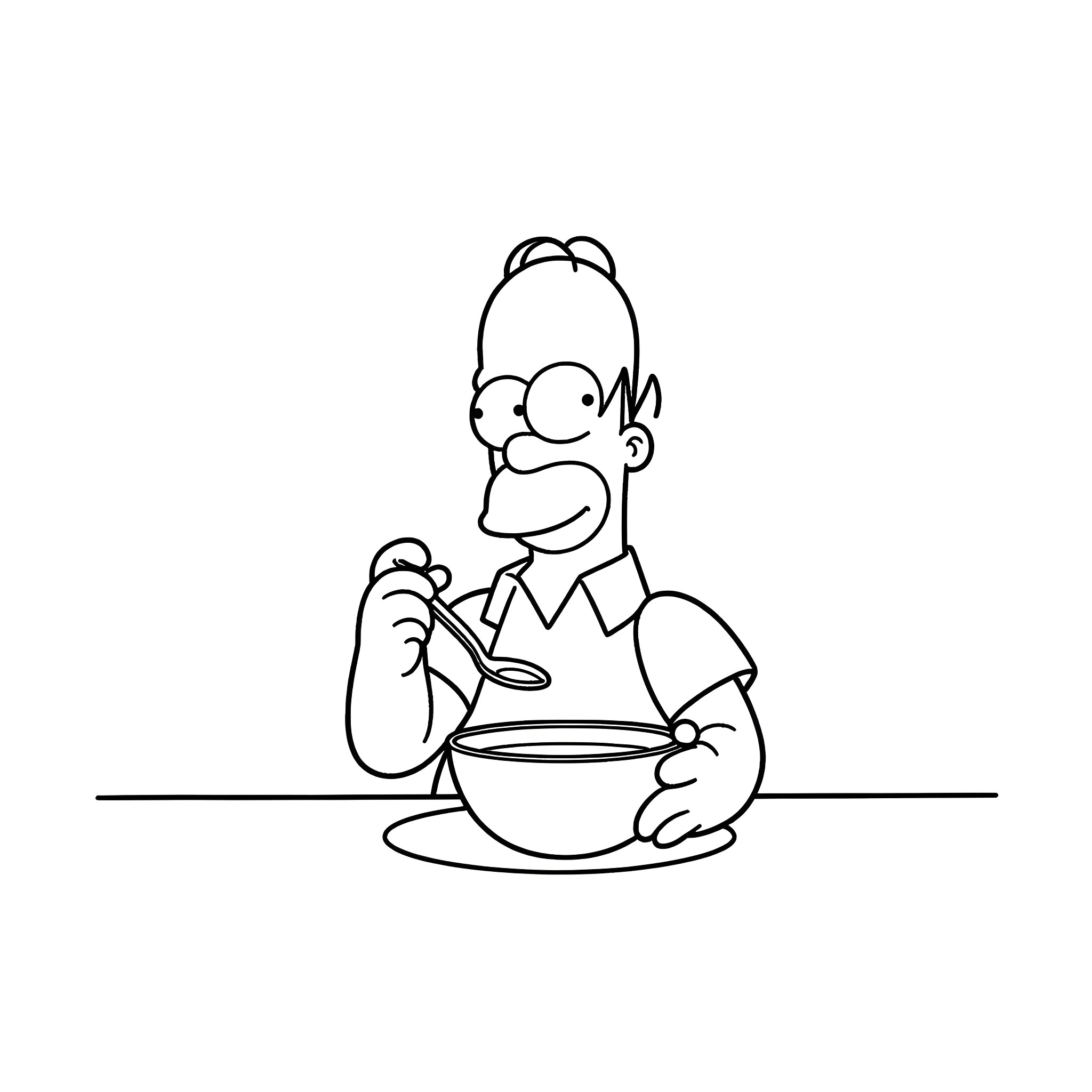 Homer Simpson enjoying a meal Coloring Page (free black-and-white line drawing printable PDF for all, from beginners to advanced learners, including children, teens, adults, and seniors)