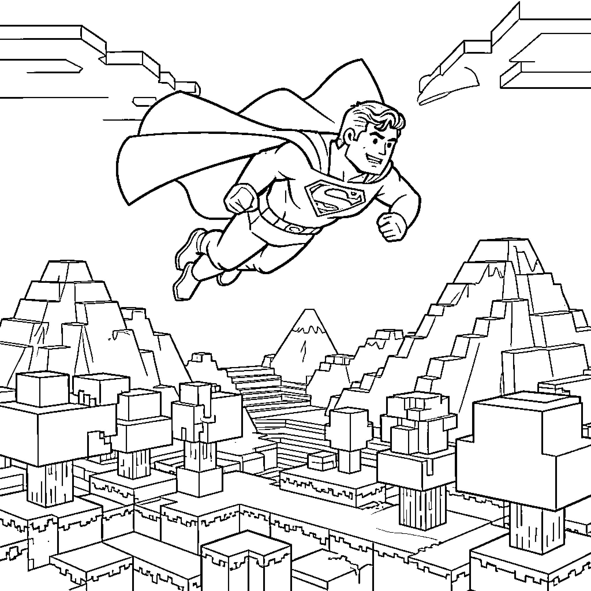 Superman soaring through the city skyline Coloring Page (free black-and-white line drawing printable PDF for all, from beginners to advanced learners, including children, teens, adults, and seniors)