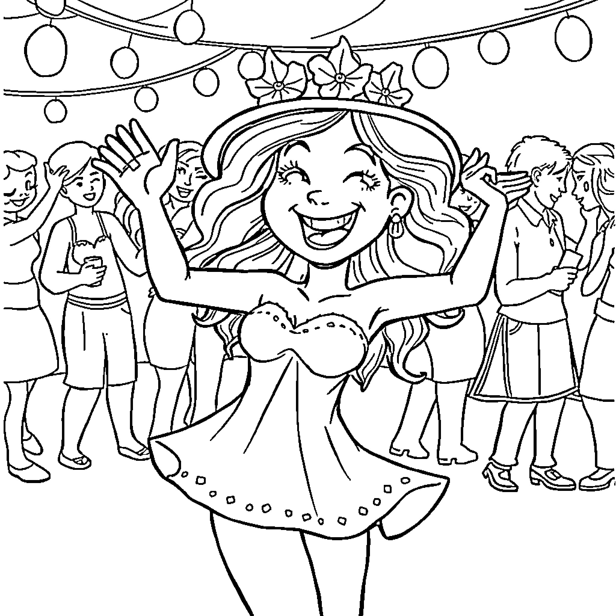 Rumi celebrates joyfully at a party Coloring Page (free black-and-white line drawing printable PDF for all, from beginners to advanced learners, including children, teens, adults, and seniors)
