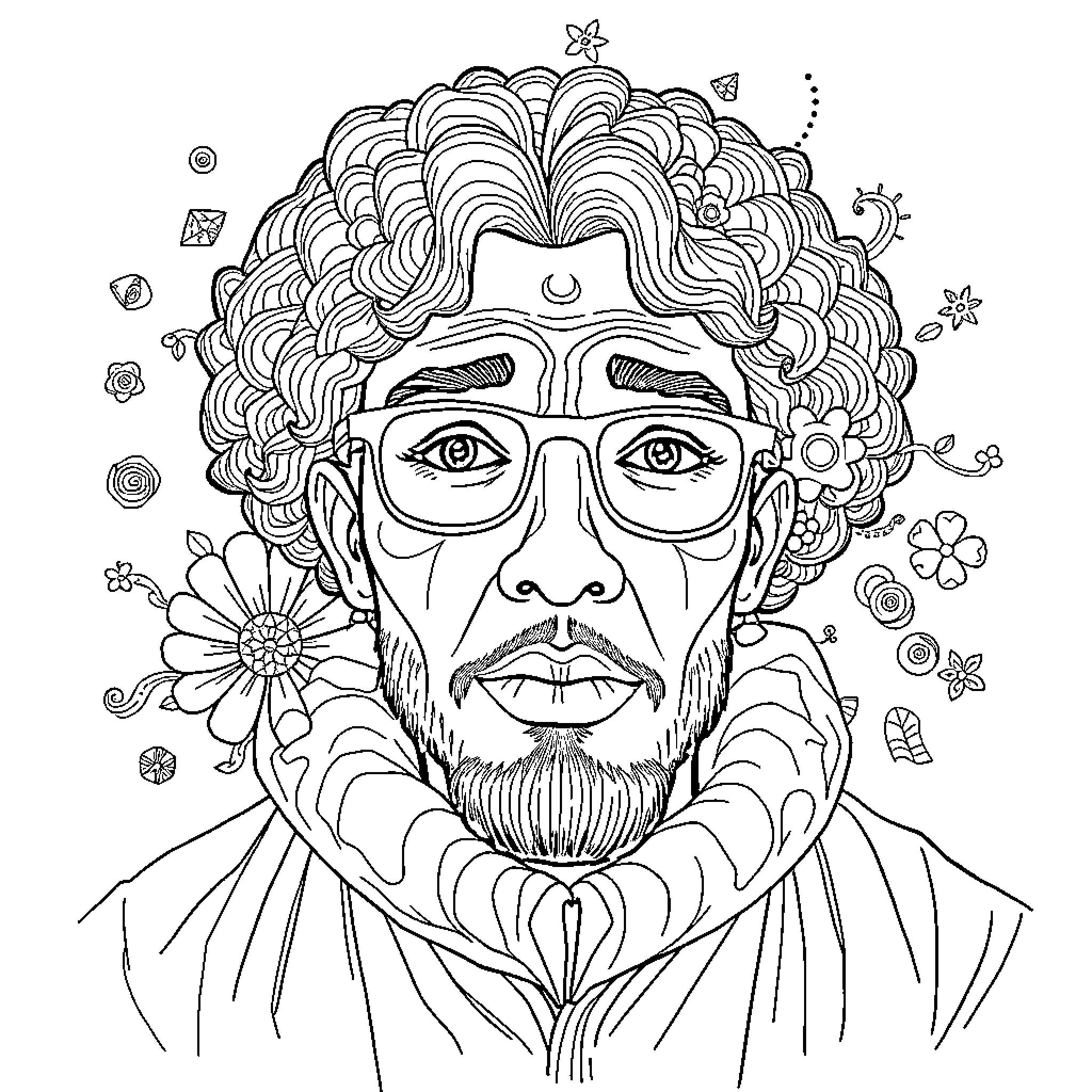 Book of a man with an intricate hairstyle and flowers Coloring Page (free black-and-white line drawing printable PDF for all, from beginners to advanced learners, including children, teens, adults, and seniors)