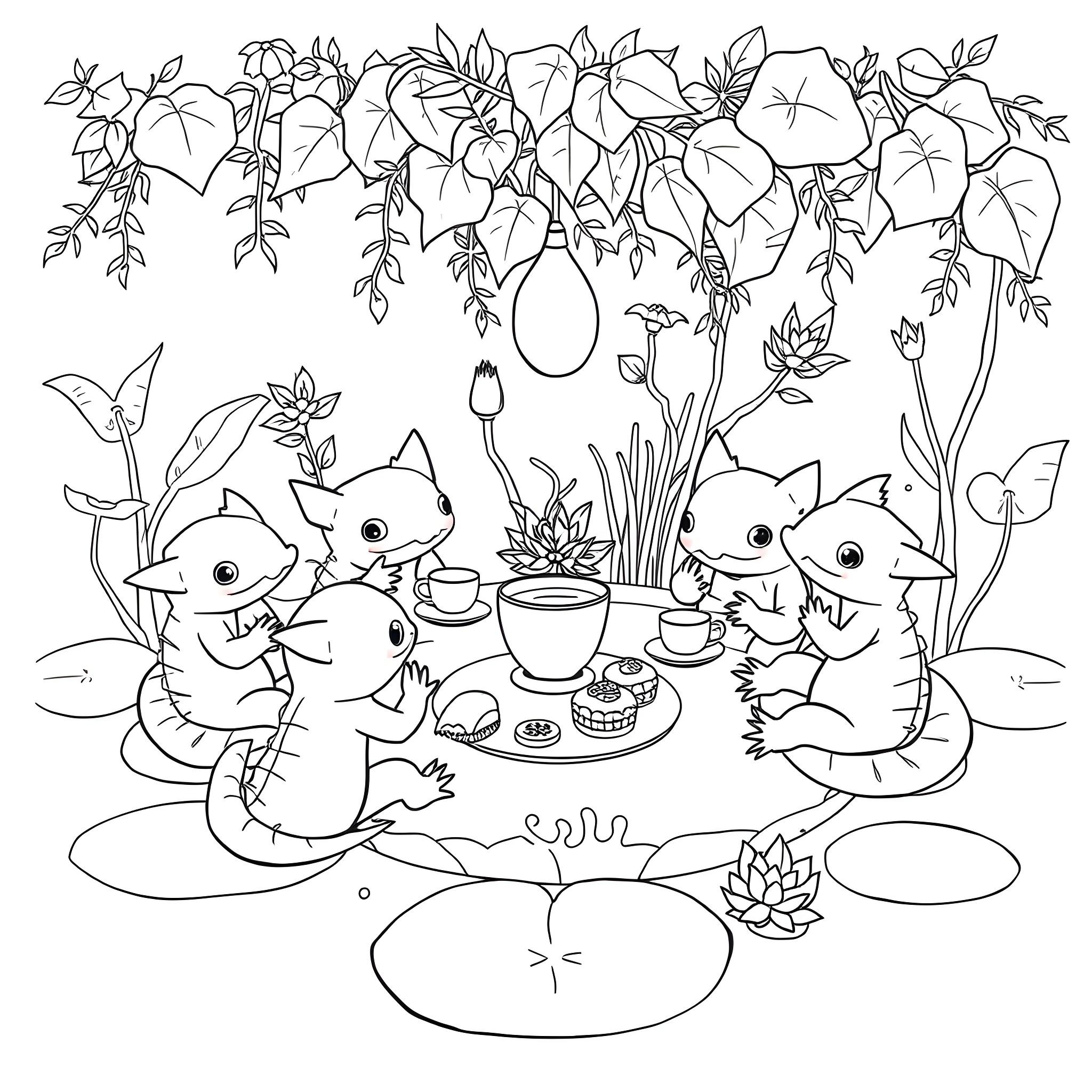 Axolotls having a tea party in the garden Coloring Page (free black-and-white line drawing printable PDF for all, from beginners to advanced learners, including children, teens, adults, and seniors)