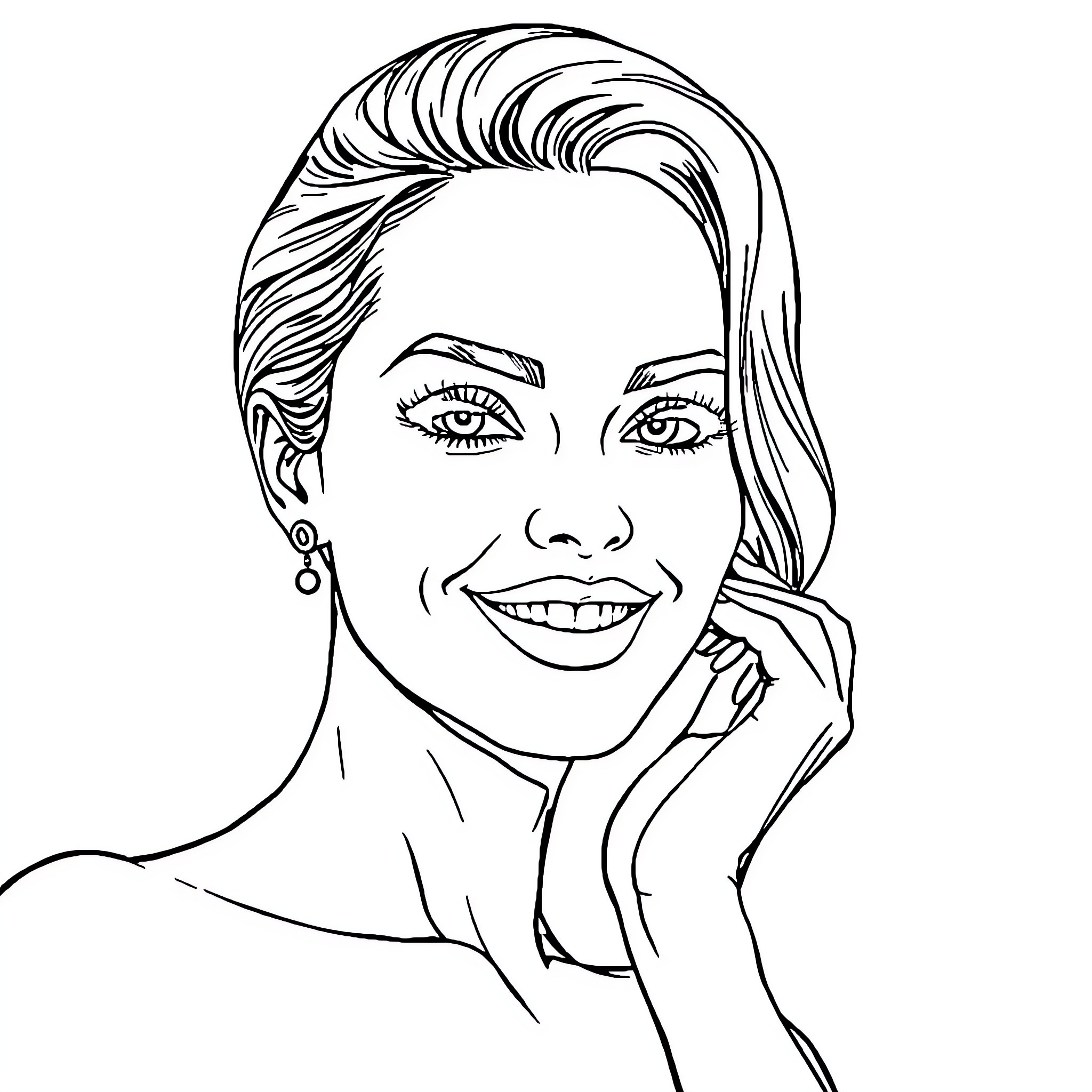 Woman with smiling expression and stylish hairdo Coloring Page (free black-and-white line drawing printable PDF for all, from beginners to advanced learners, including children, teens, adults, and seniors)