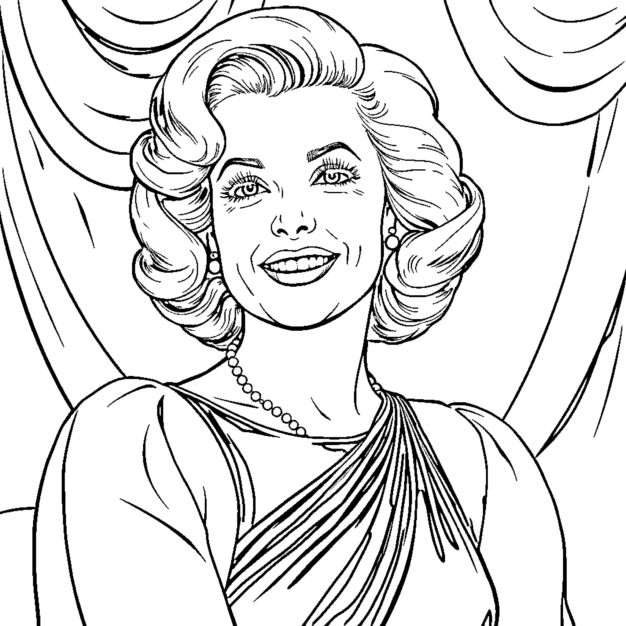 Jean Harlow's Radiant Smile and Glamorous Pose Coloring Page (free black-and-white line drawing printable PDF for all, from beginners to advanced learners, including children, teens, adults, and seniors)