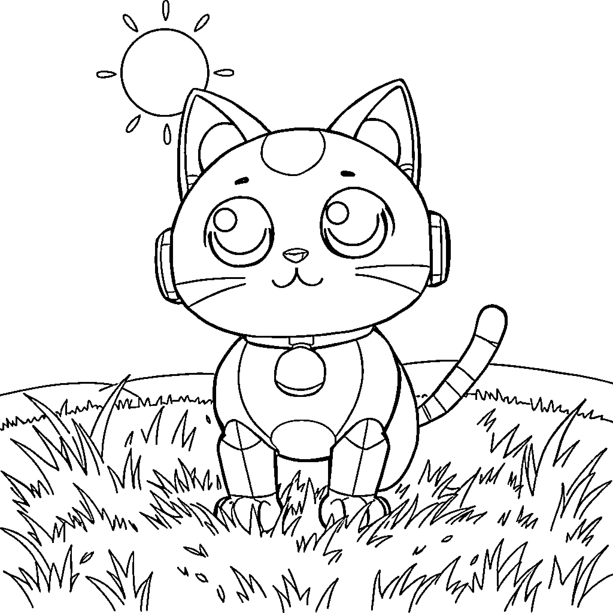 Robot Cat Enjoying the Outdoors Coloring Page (free black-and-white line drawing printable PDF for all, from beginners to advanced learners, including children, teens, adults, and seniors)