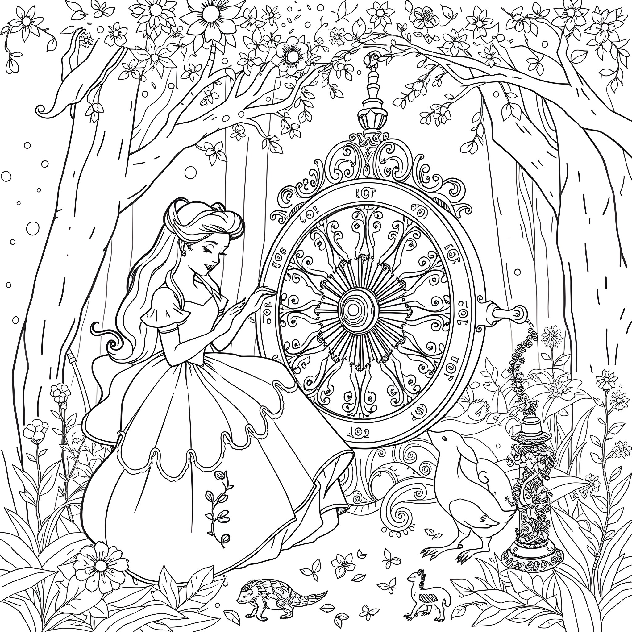 Sleeping Beauty admiring the enchanted clock in the forest Coloring Page (free black-and-white line drawing printable PDF for all, from beginners to advanced learners, including children, teens, adults, and seniors)