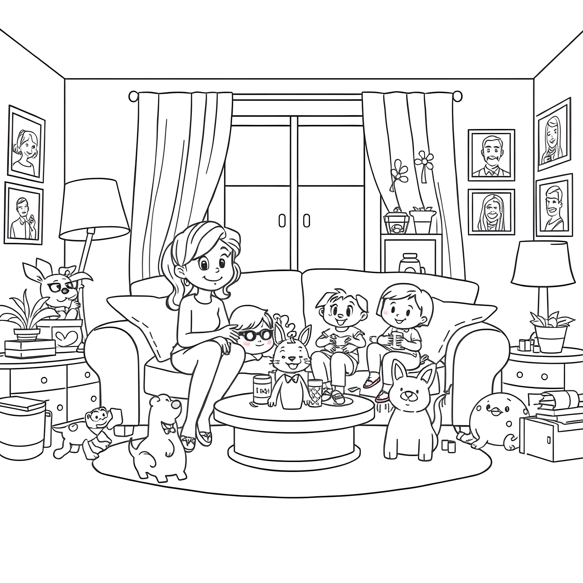 Bluey's Family Fun in the Living Room Coloring Page (free black-and-white line drawing printable PDF for all, from beginners to advanced learners, including children, teens, adults, and seniors)
