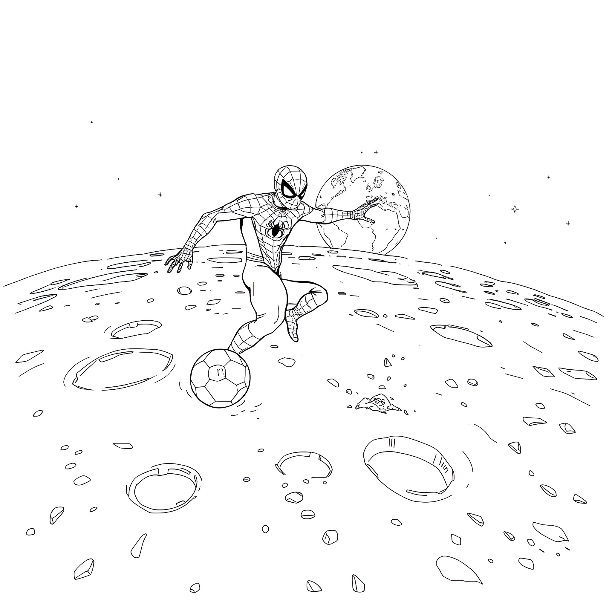 Spiderman playing soccer on the moon Coloring Page (free black-and-white line drawing printable PDF for all, from beginners to advanced learners, including children, teens, adults, and seniors)