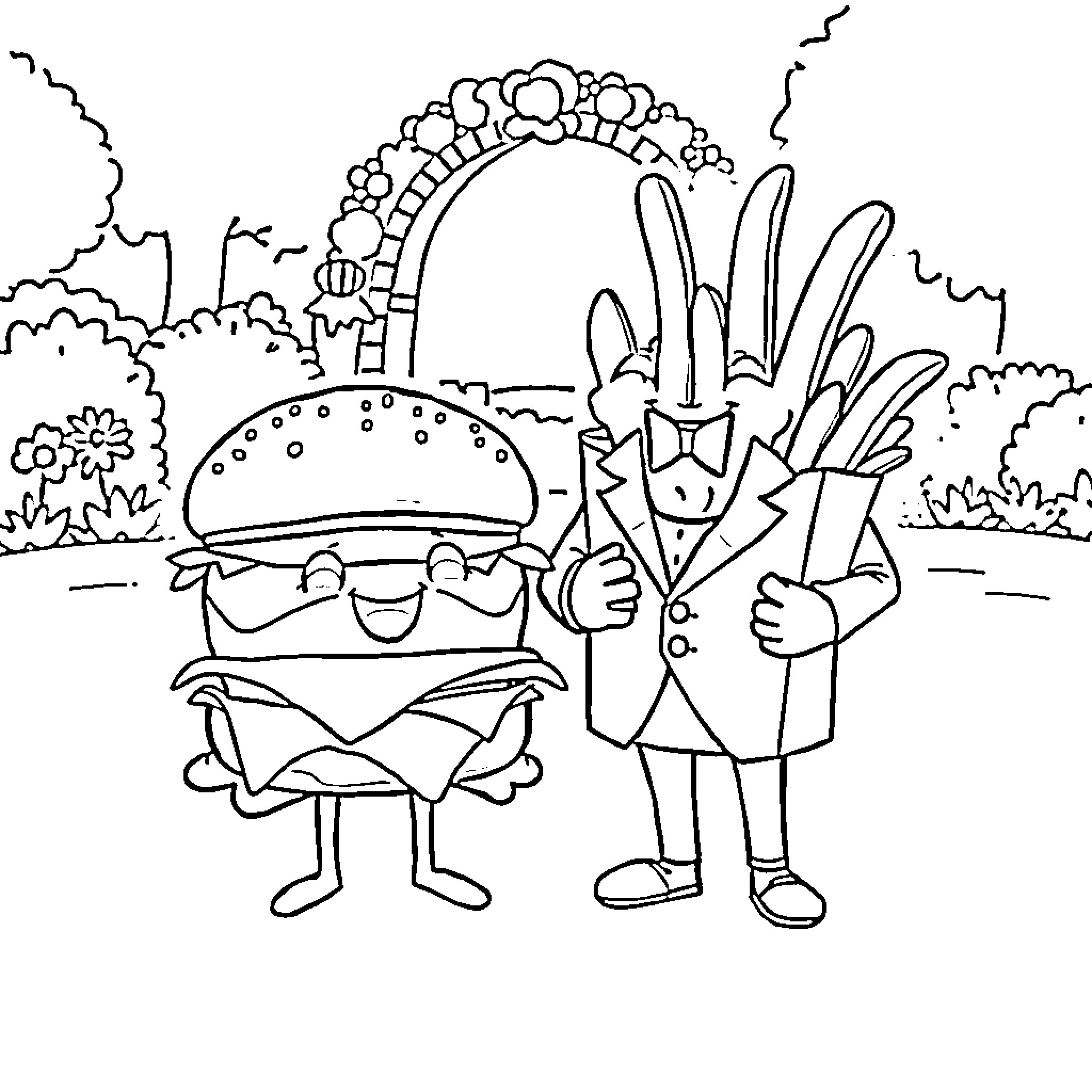 Cheeseburger and Friends Enjoy Garden Arch Coloring Page (free black-and-white line drawing printable PDF for all, from beginners to advanced learners, including children, teens, adults, and seniors)