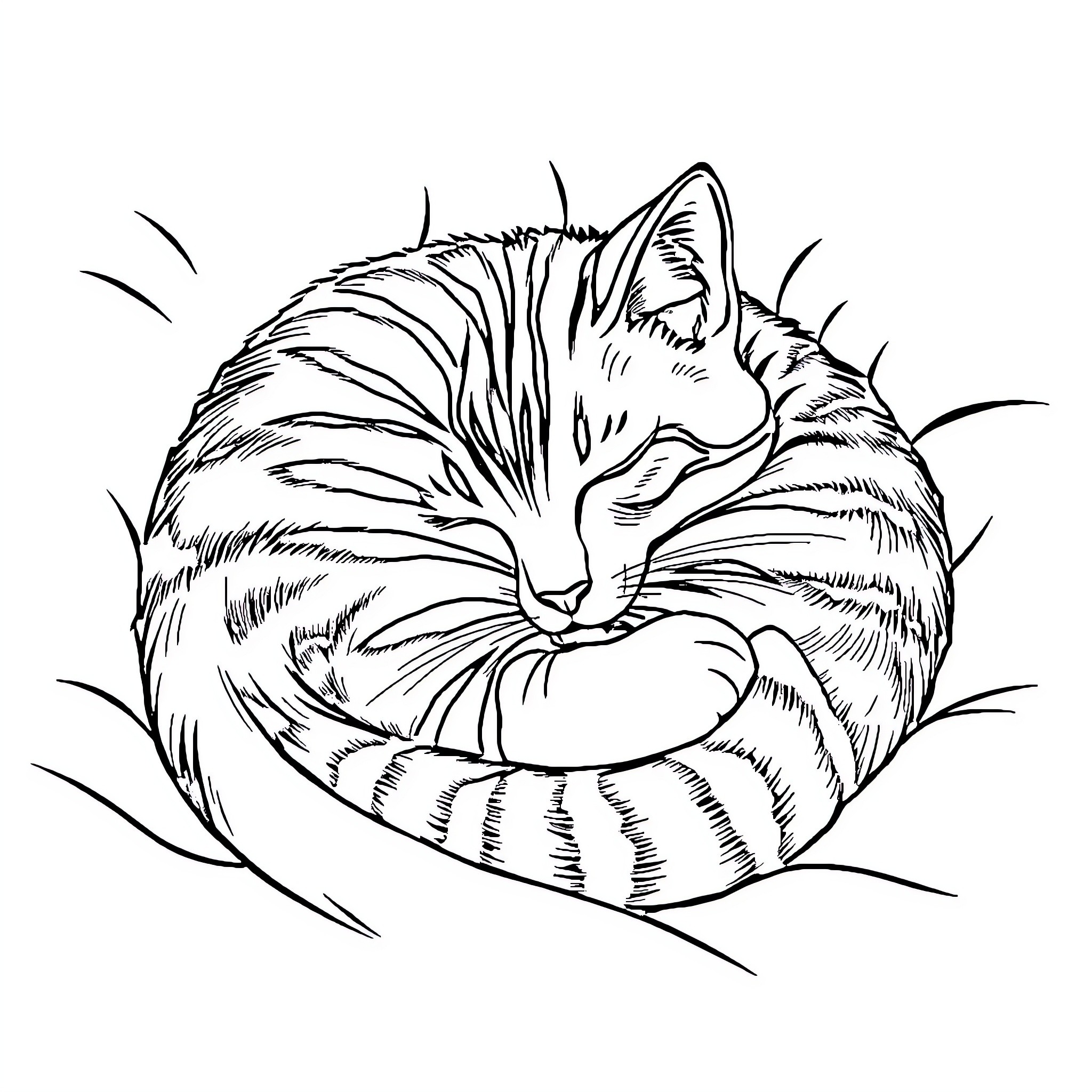Cat curled up and sleeping peacefully Coloring Page (free black-and-white line drawing printable PDF for all, from beginners to advanced learners, including children, teens, adults, and seniors)