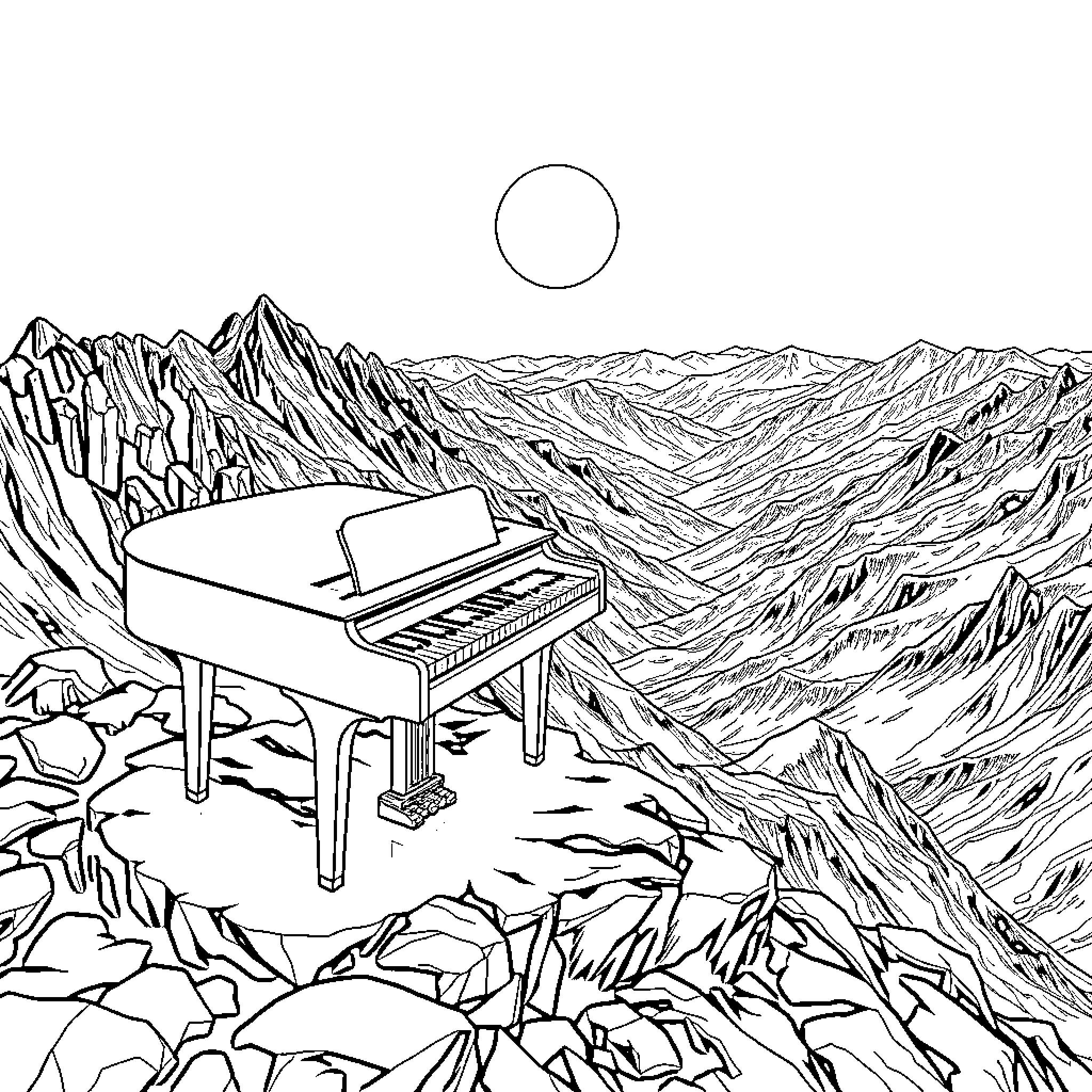 Piano in the Mountainous Landscape Coloring Page (free black-and-white line drawing printable PDF for all, from beginners to advanced learners, including children, teens, adults, and seniors)