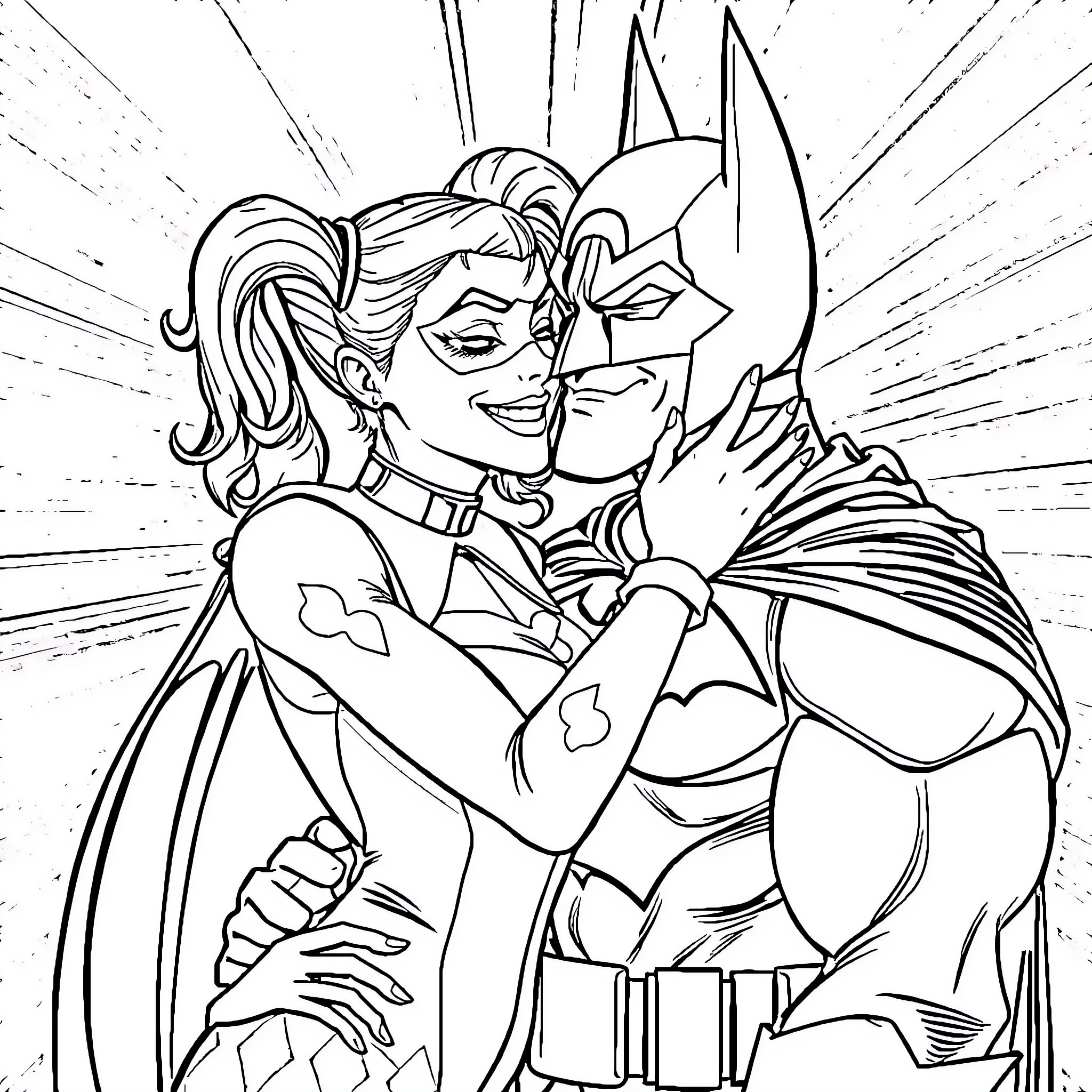Harley Quinn and Batman in an intense moment Coloring Page (free black-and-white line drawing printable PDF for all, from beginners to advanced learners, including children, teens, adults, and seniors)