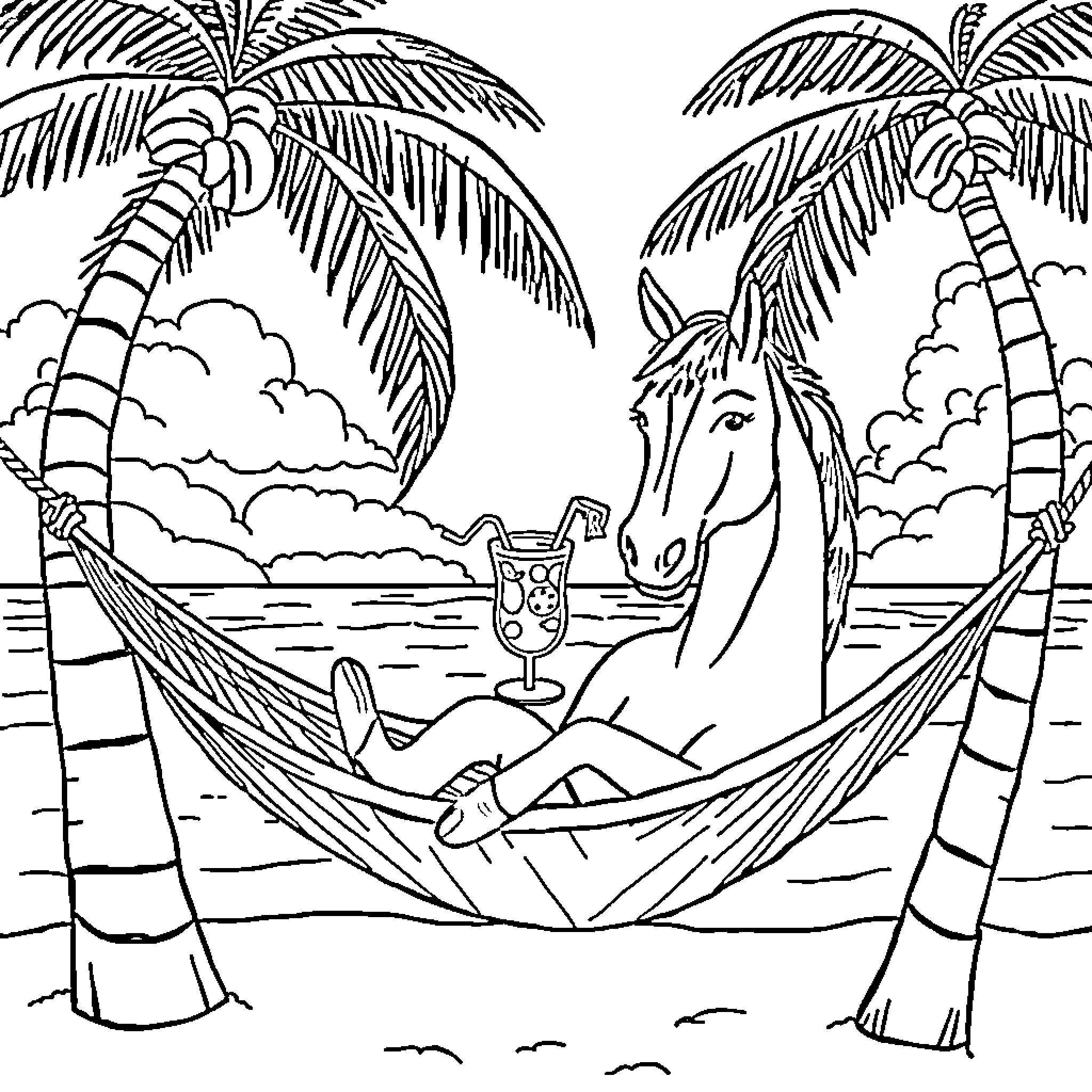 Horse relaxing on hammock by the beach Coloring Page (free black-and-white line drawing printable PDF for all, from beginners to advanced learners, including children, teens, adults, and seniors)
