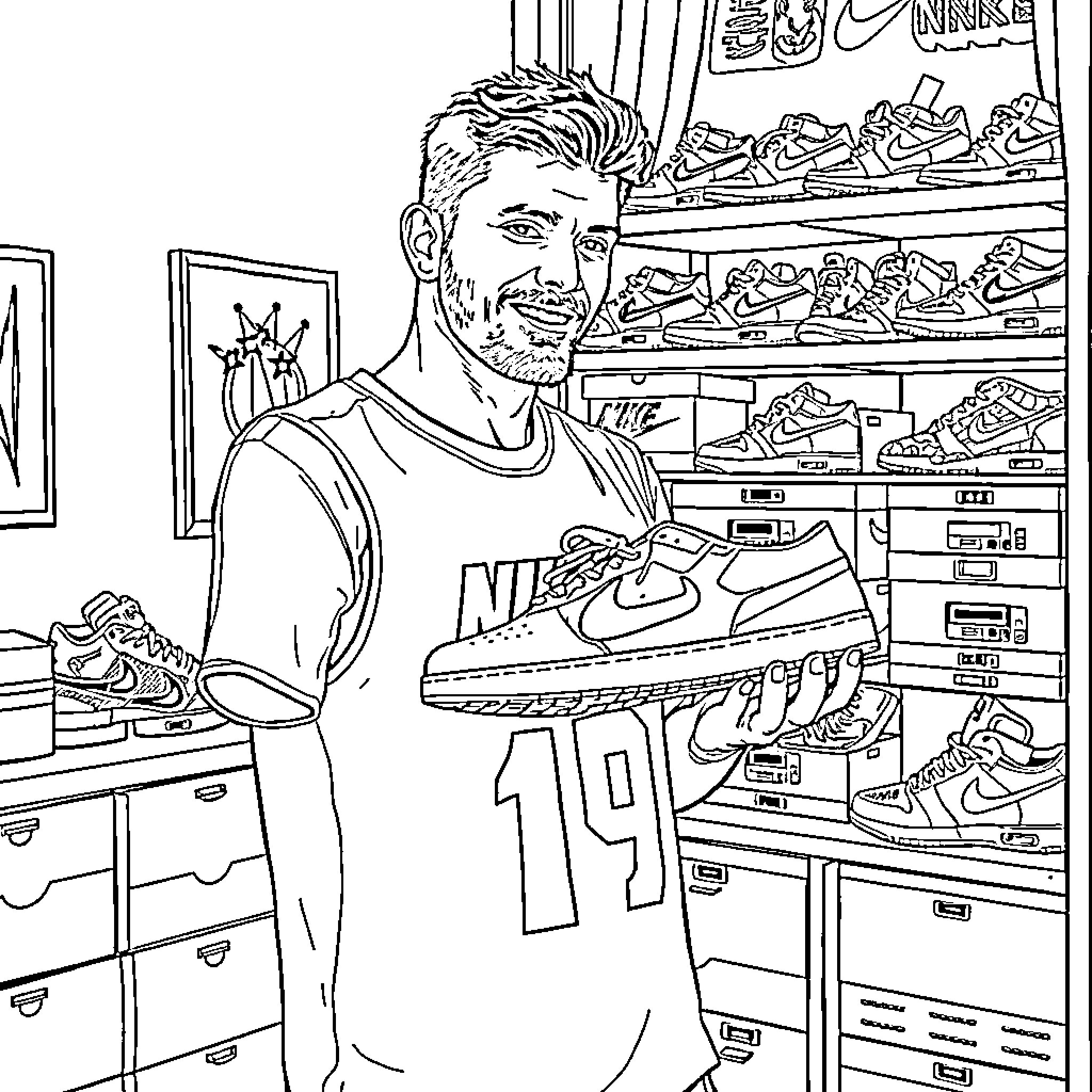 Luka Doncic at the Sneaker Store Coloring Page (free black-and-white line drawing printable PDF for all, from beginners to advanced learners, including children, teens, adults, and seniors)