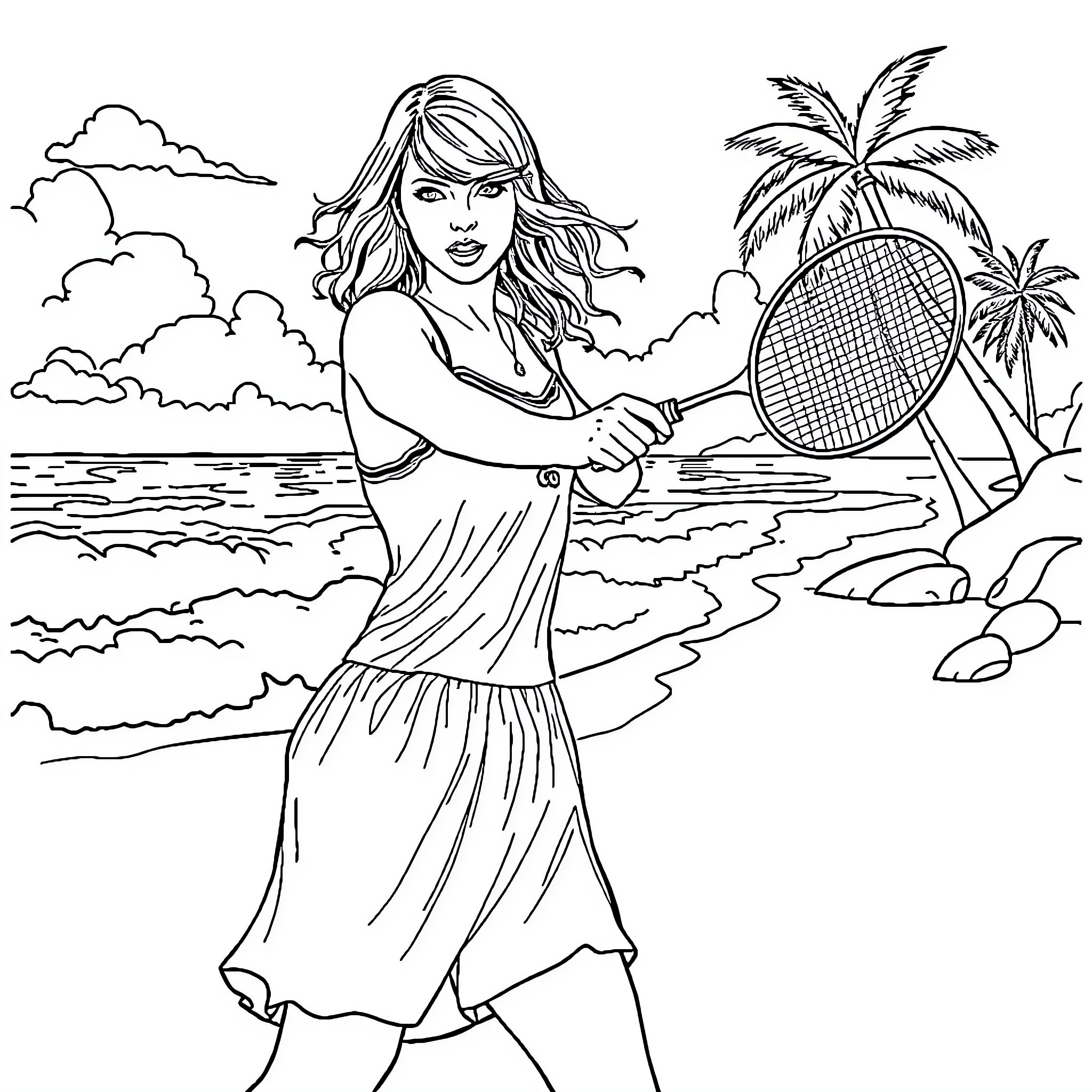 Taylor Swift playing tennis on a tropical beach Coloring Page (free black-and-white line drawing printable PDF for all, from beginners to advanced learners, including children, teens, adults, and seniors)