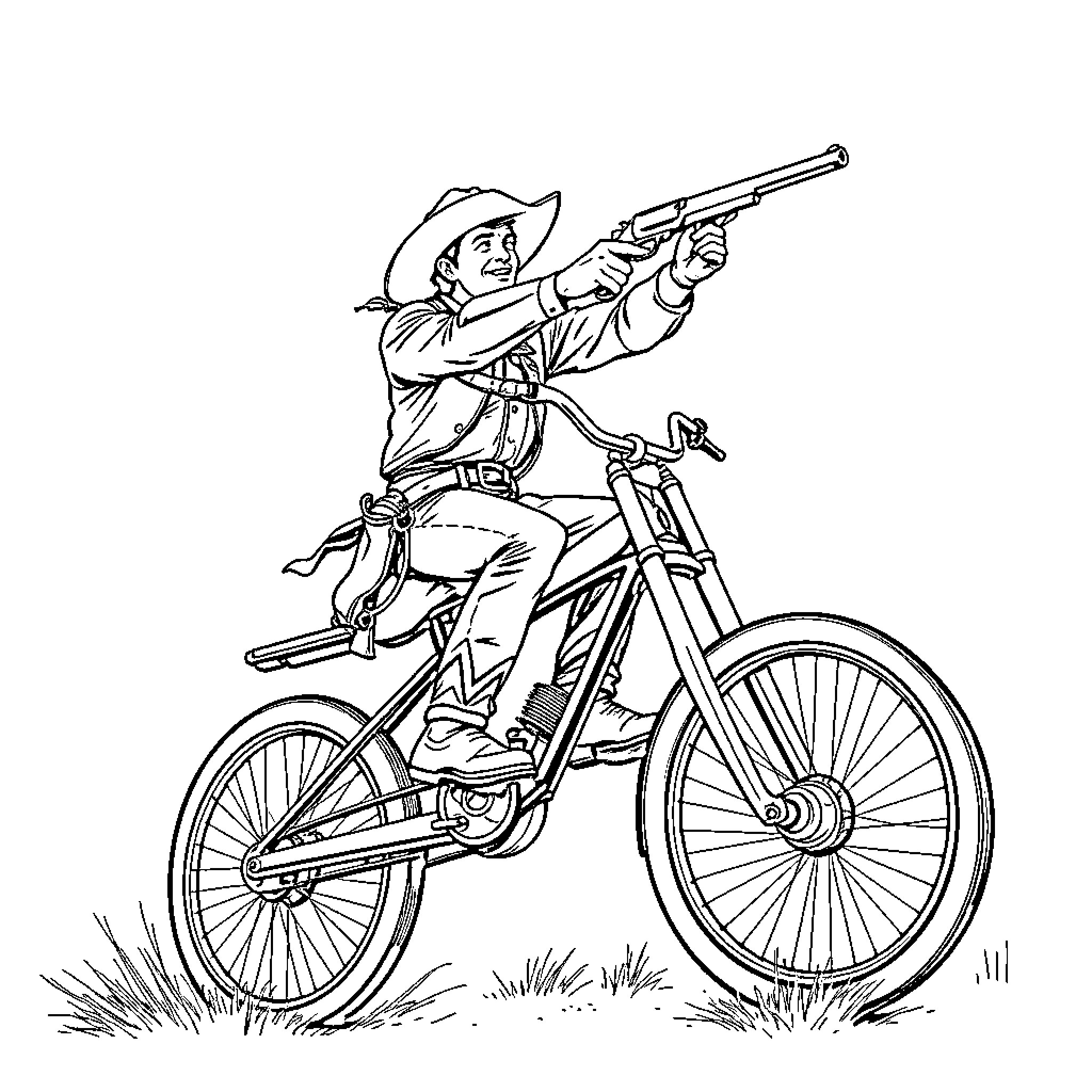 Cowboy riding bicycle and wielding firearm Coloring Page (free black-and-white line drawing printable PDF for all, from beginners to advanced learners, including children, teens, adults, and seniors)