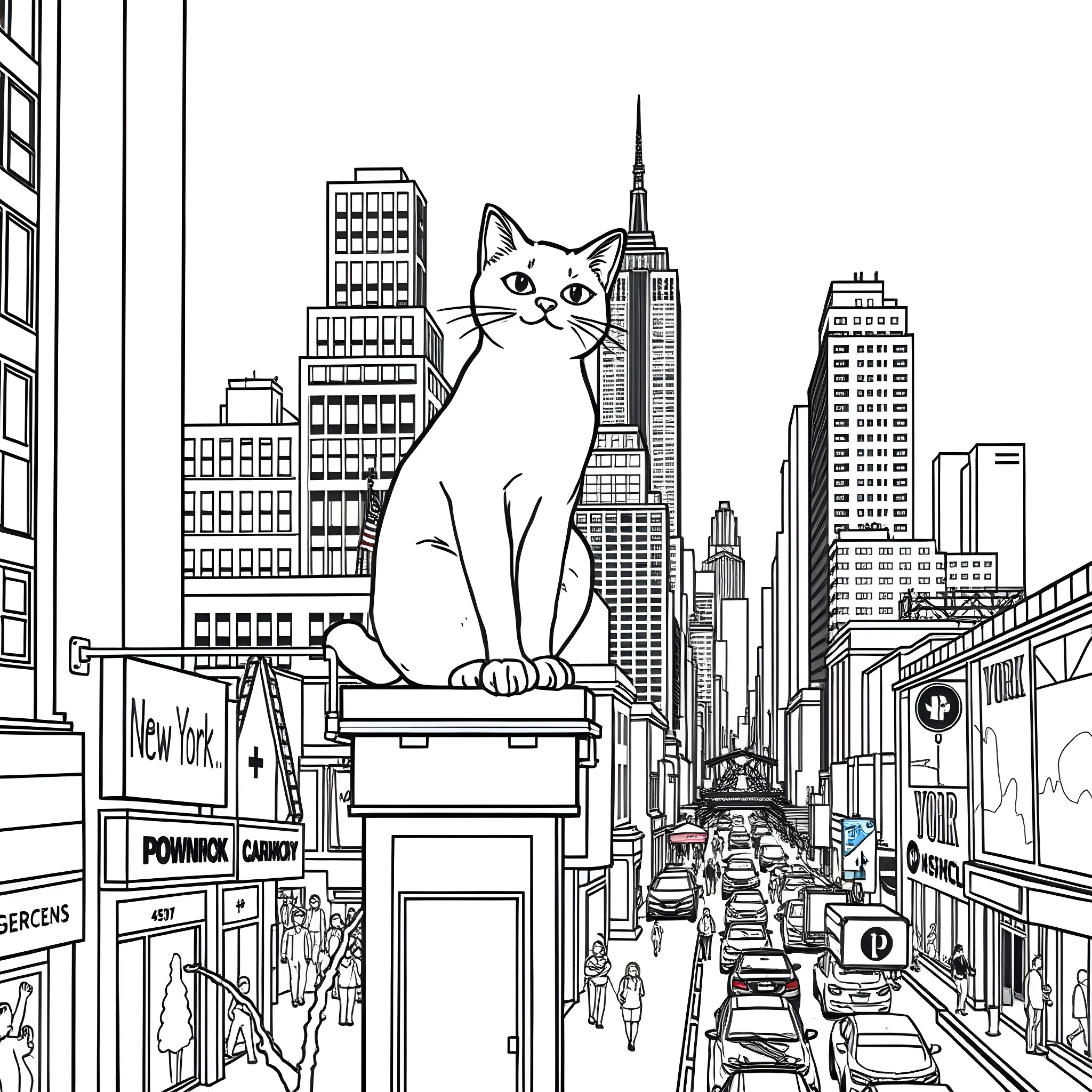 Cat overlooking the bustling streets of New York City Coloring Page (free black-and-white line drawing printable PDF for all, from beginners to advanced learners, including children, teens, adults, and seniors)