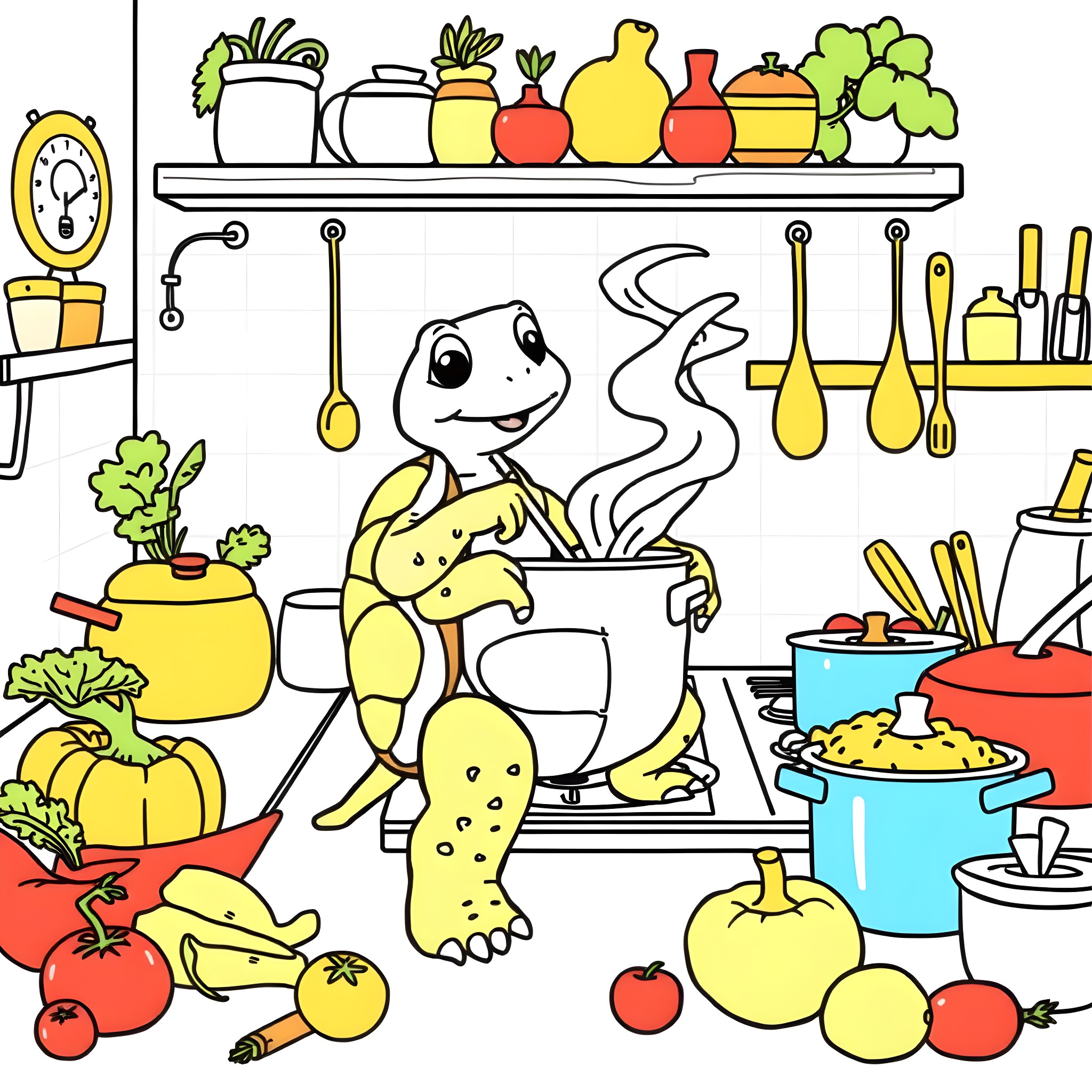 Turtle cooking in a colorful kitchen Coloring Page (free black-and-white line drawing printable PDF for all, from beginners to advanced learners, including children, teens, adults, and seniors)
