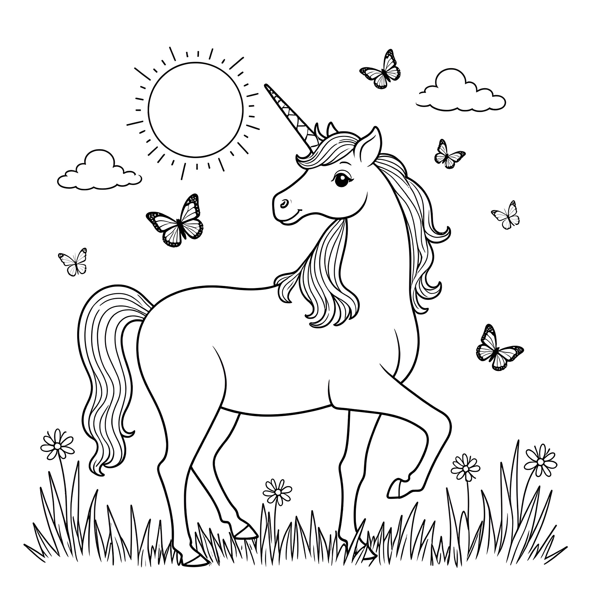 Butterfly Unicorn in Sunny Meadow Coloring Page (free black-and-white line drawing printable PDF for all, from beginners to advanced learners, including children, teens, adults, and seniors)