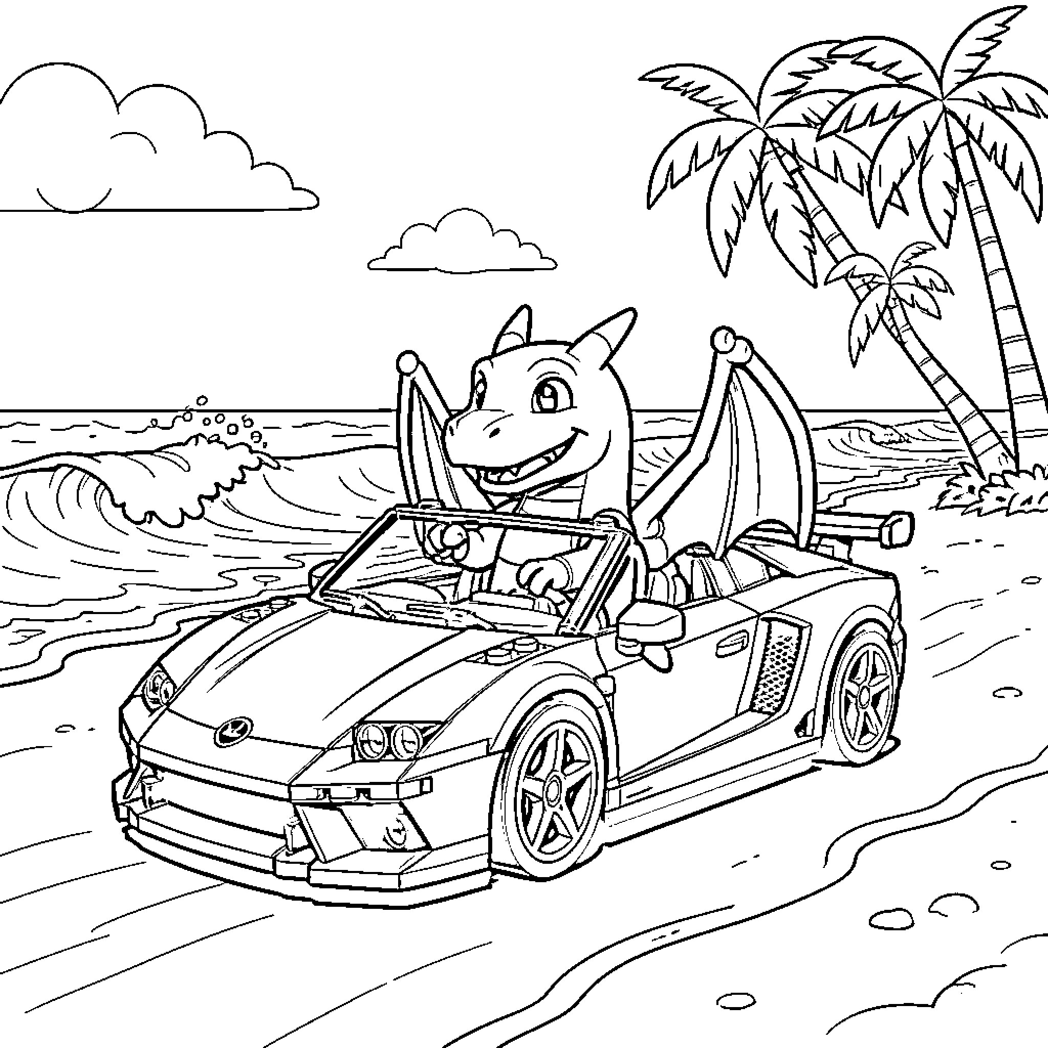 Charizard driving a sports car on the beach Coloring Page (free black-and-white line drawing printable PDF for all, from beginners to advanced learners, including children, teens, adults, and seniors)