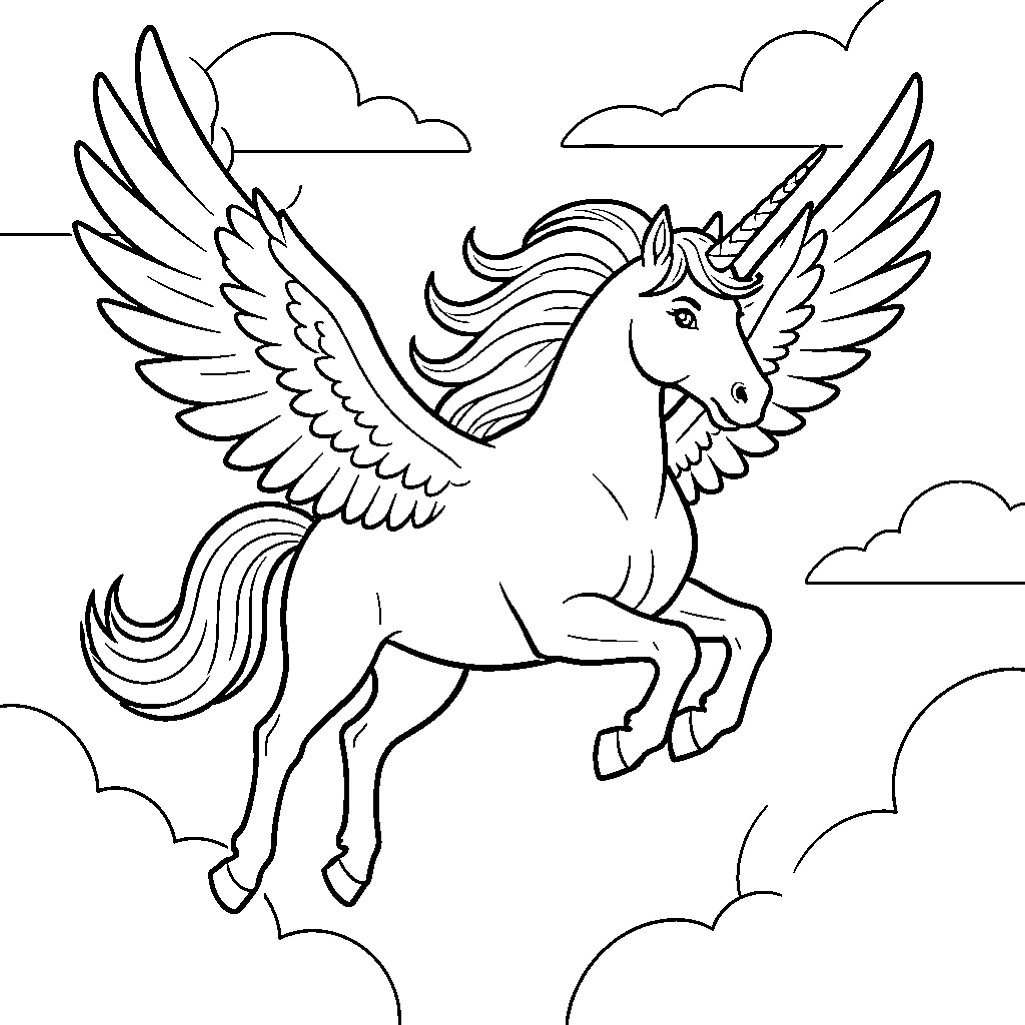 Flying Unicorn soaring through the clouds Coloring Page (free black-and-white line drawing printable PDF for all, from beginners to advanced learners, including children, teens, adults, and seniors)
