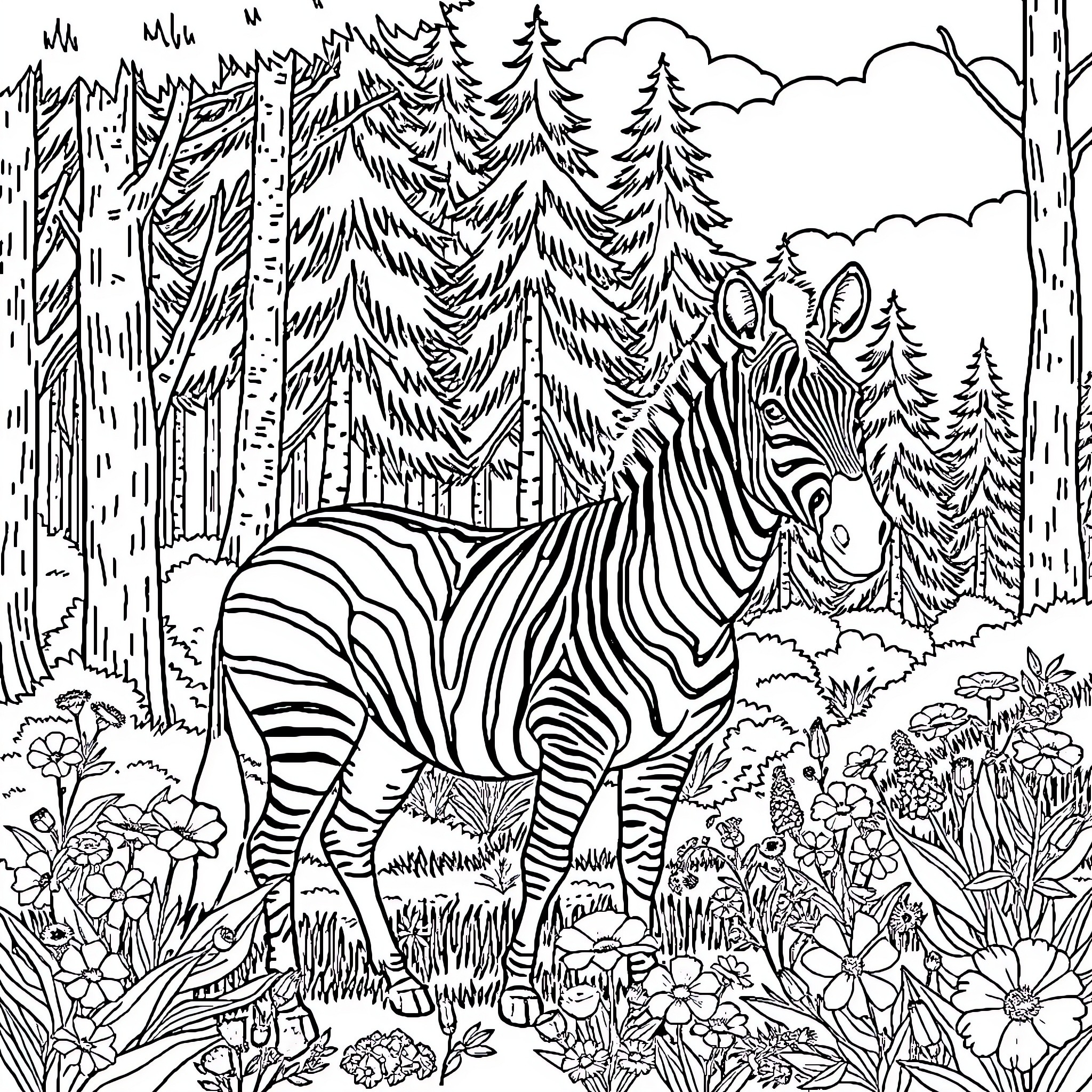 Zebra exploring the vibrant forest landscape Coloring Page (free black-and-white line drawing printable PDF for all, from beginners to advanced learners, including children, teens, adults, and seniors)