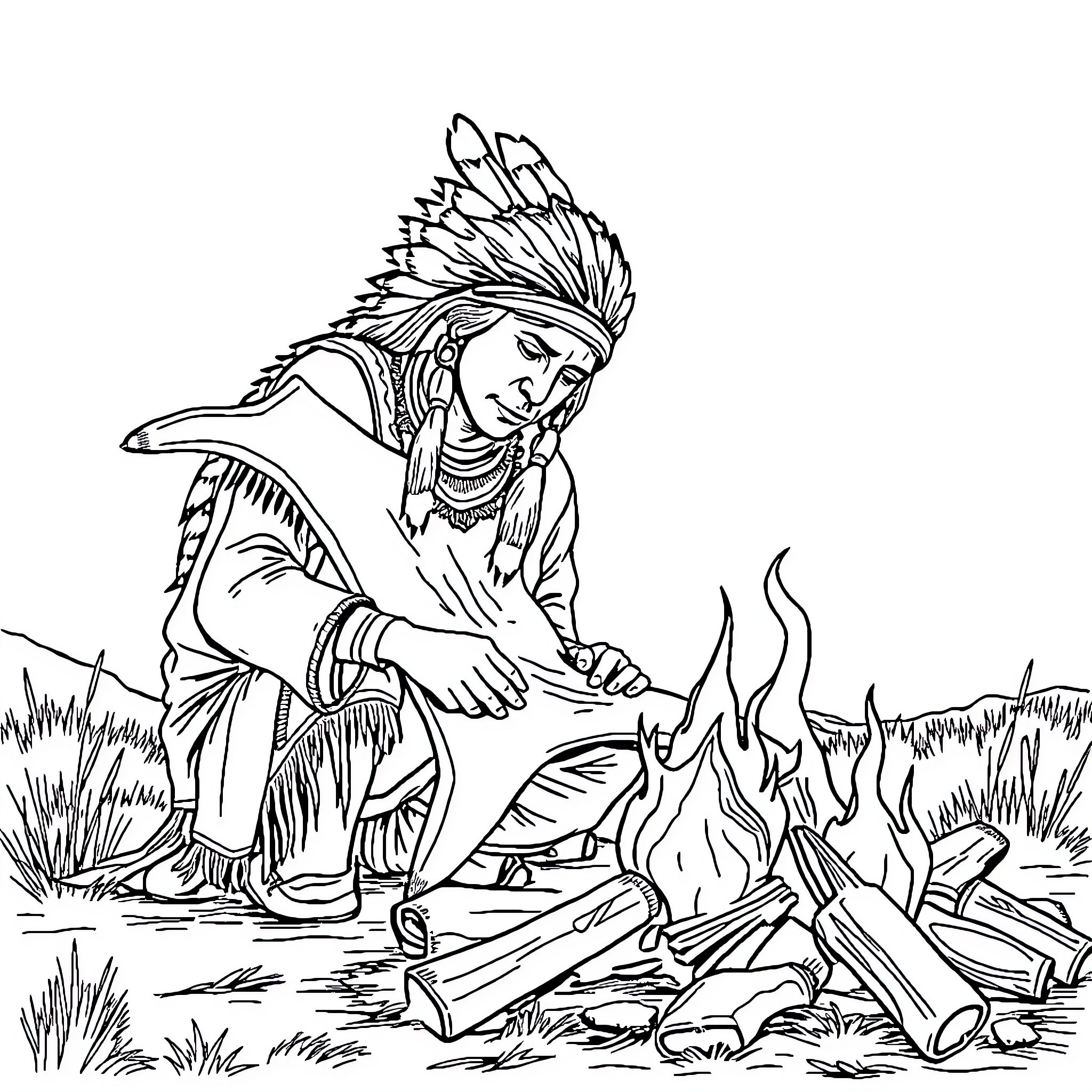 Native American building campfire in nature Coloring Page (free black-and-white line drawing printable PDF for all, from beginners to advanced learners, including children, teens, adults, and seniors)