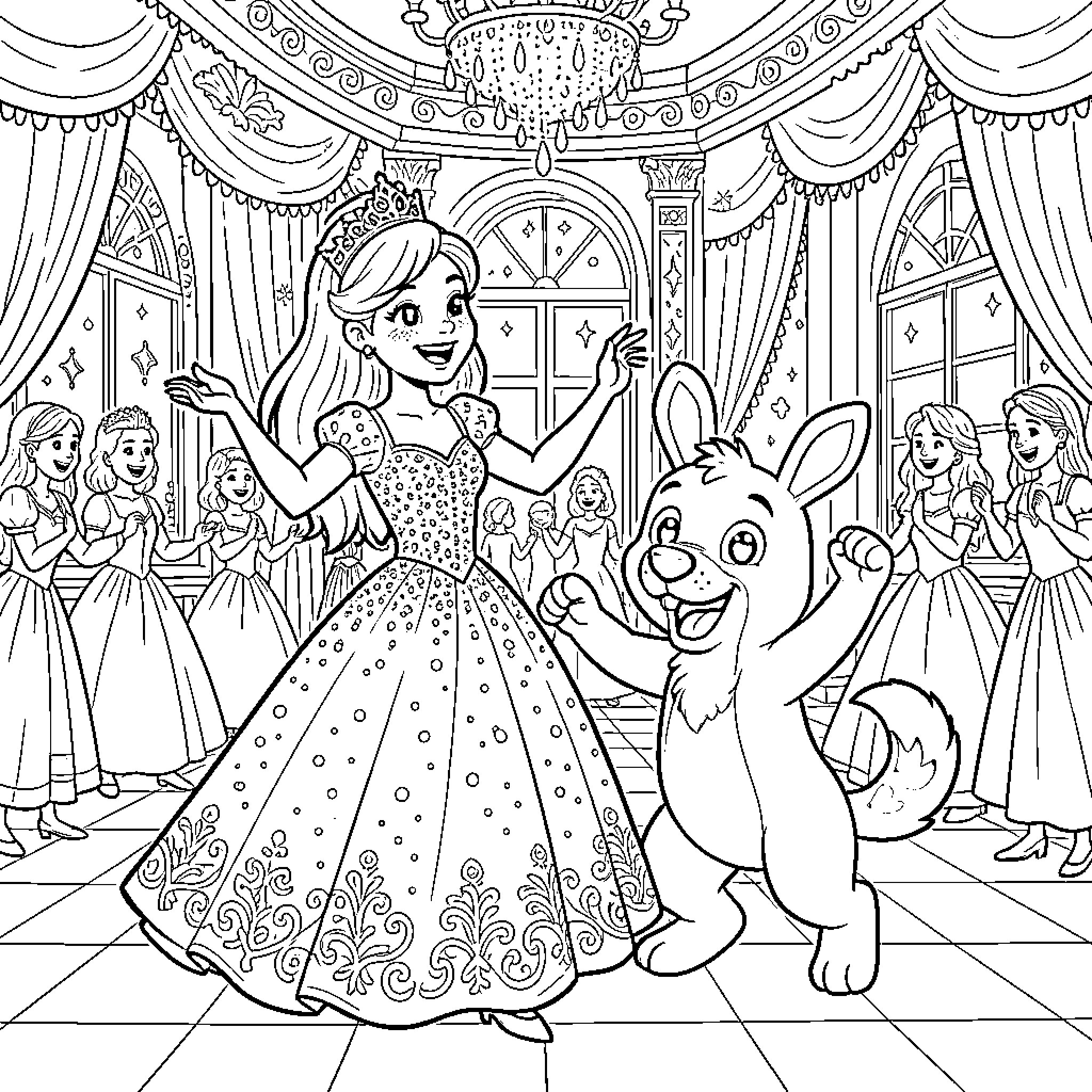 Princess Enjoying a Dance with Cheerful Companions Coloring Page (free black-and-white line drawing printable PDF for all, from beginners to advanced learners, including children, teens, adults, and seniors)