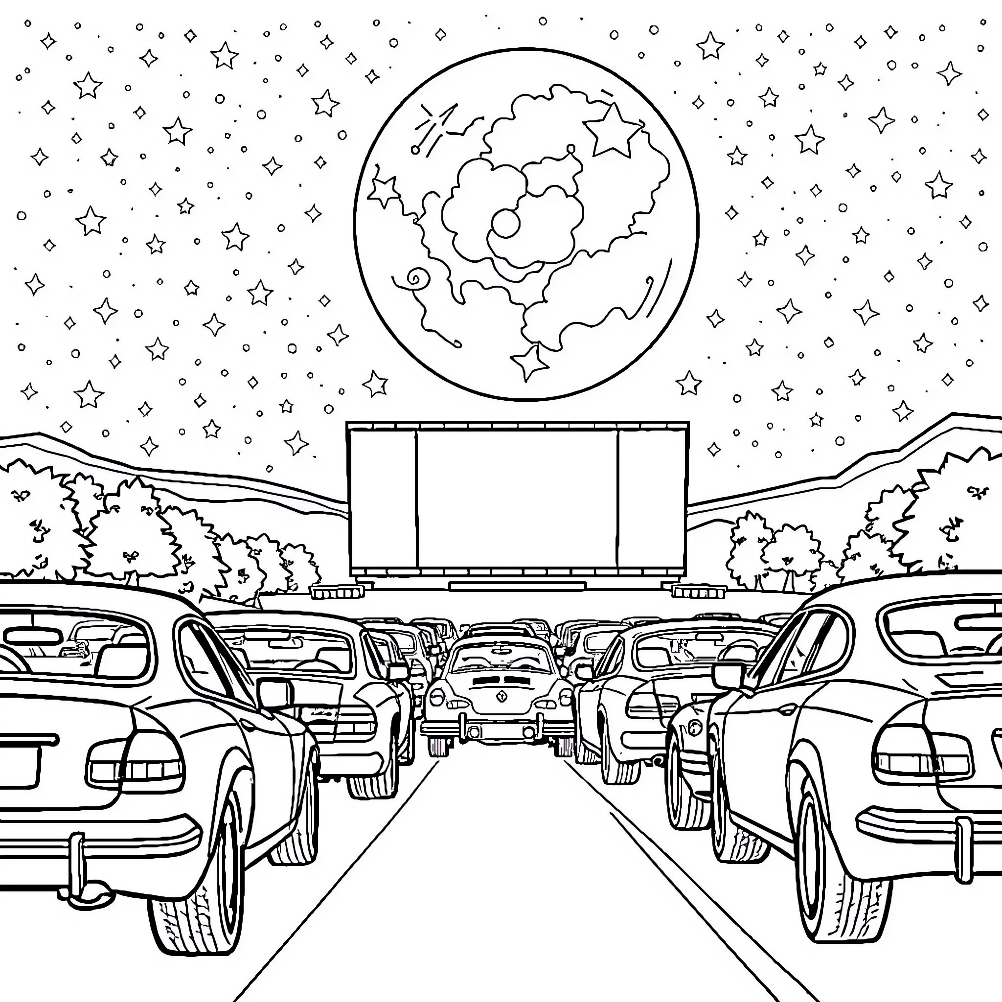 Drive-in movie night under the starry sky Coloring Page (free black-and-white line drawing printable PDF for all, from beginners to advanced learners, including children, teens, adults, and seniors)
