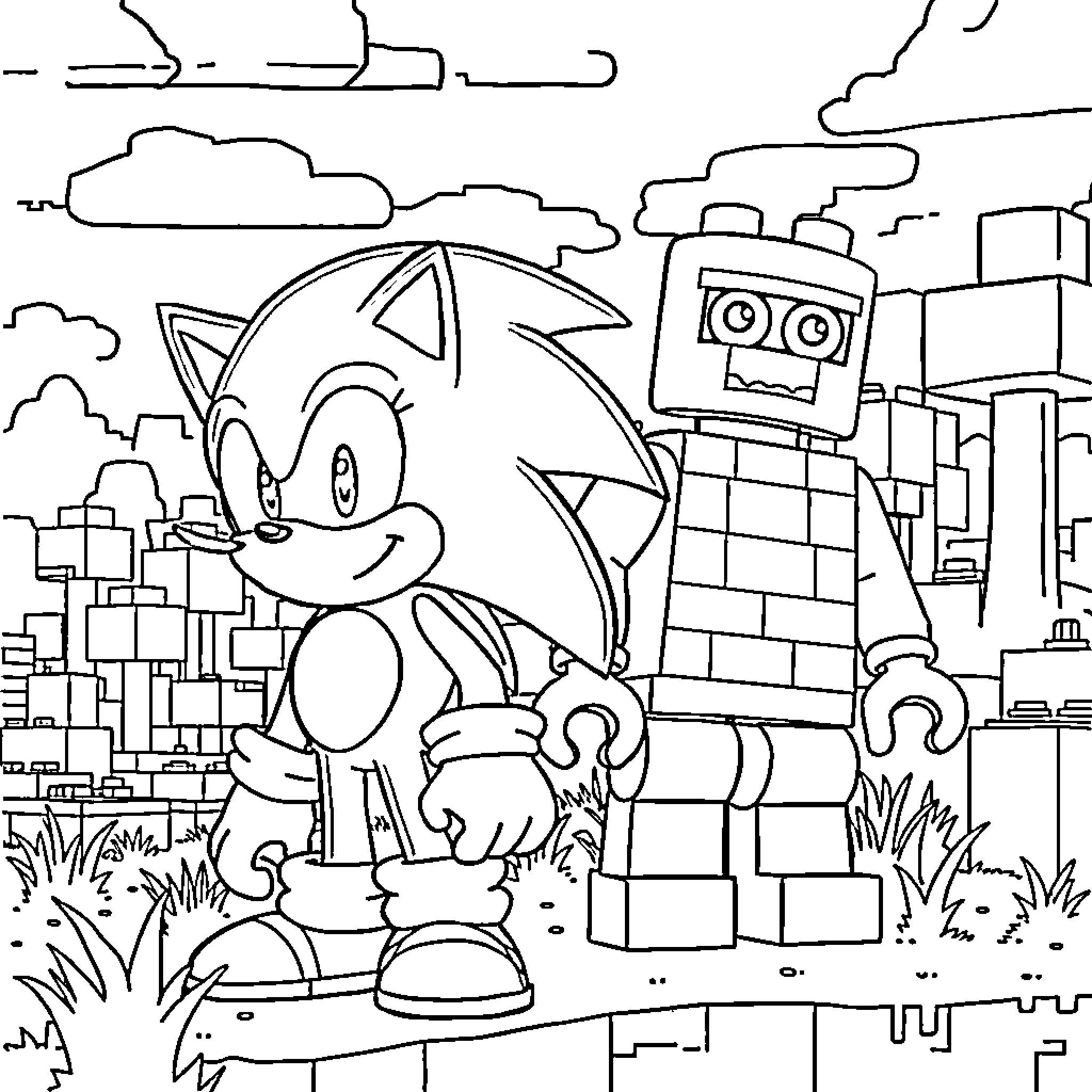 Sonic exploring the cityscape with a robot companion Coloring Page (free black-and-white line drawing printable PDF for all, from beginners to advanced learners, including children, teens, adults, and seniors)