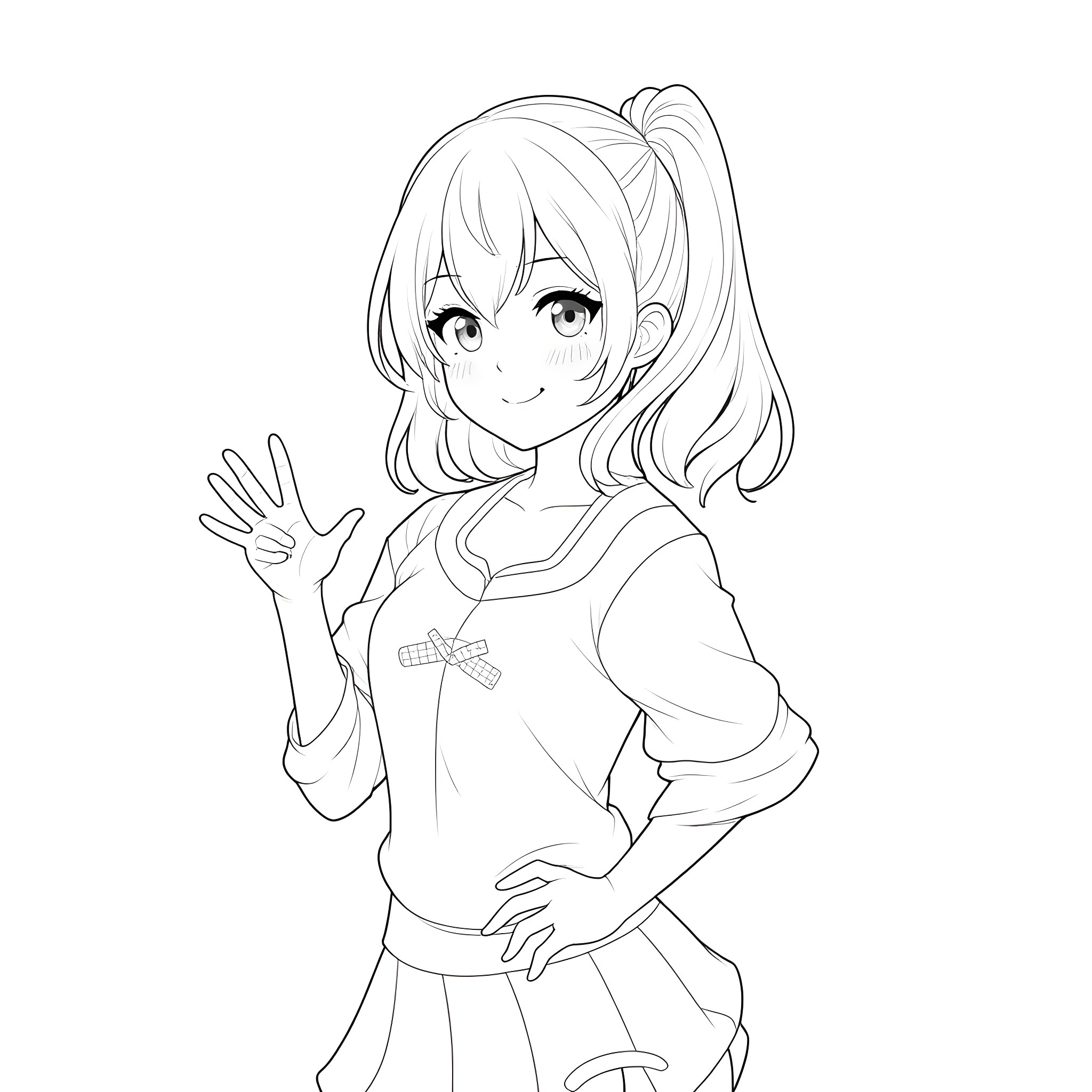 Anime Girl Cheerfully Waving Coloring Page (free black-and-white line drawing printable PDF for all, from beginners to advanced learners, including children, teens, adults, and seniors)