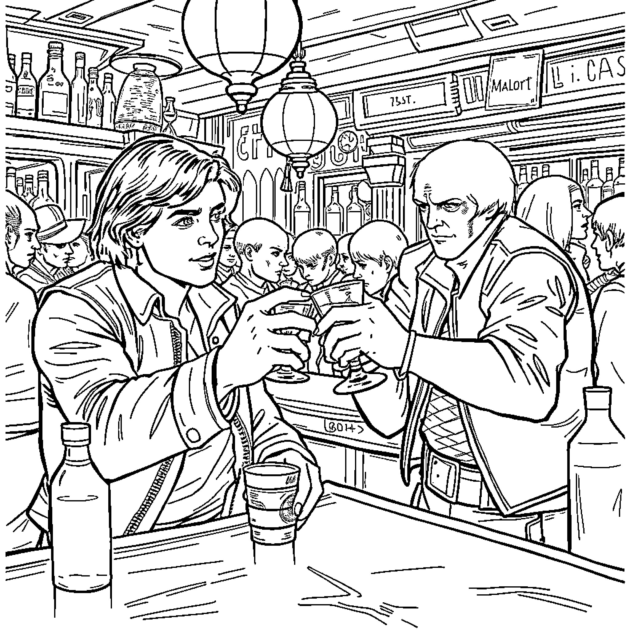 Han's Night Out at the Lively Bar Coloring Page (free black-and-white line drawing printable PDF for all, from beginners to advanced learners, including children, teens, adults, and seniors)