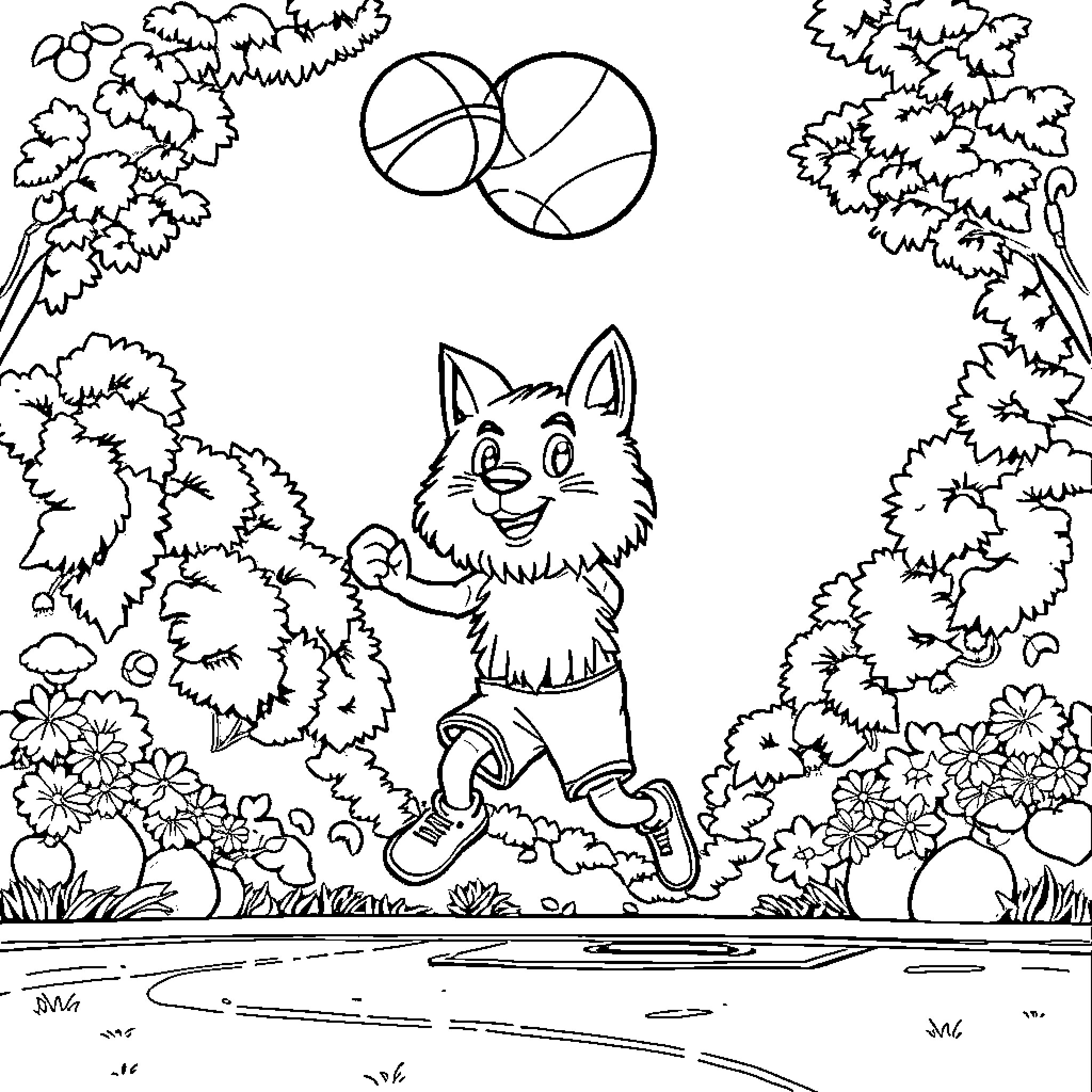 Kuromi playing in the park with beach balls Coloring Page (free black-and-white line drawing printable PDF for all, from beginners to advanced learners, including children, teens, adults, and seniors)