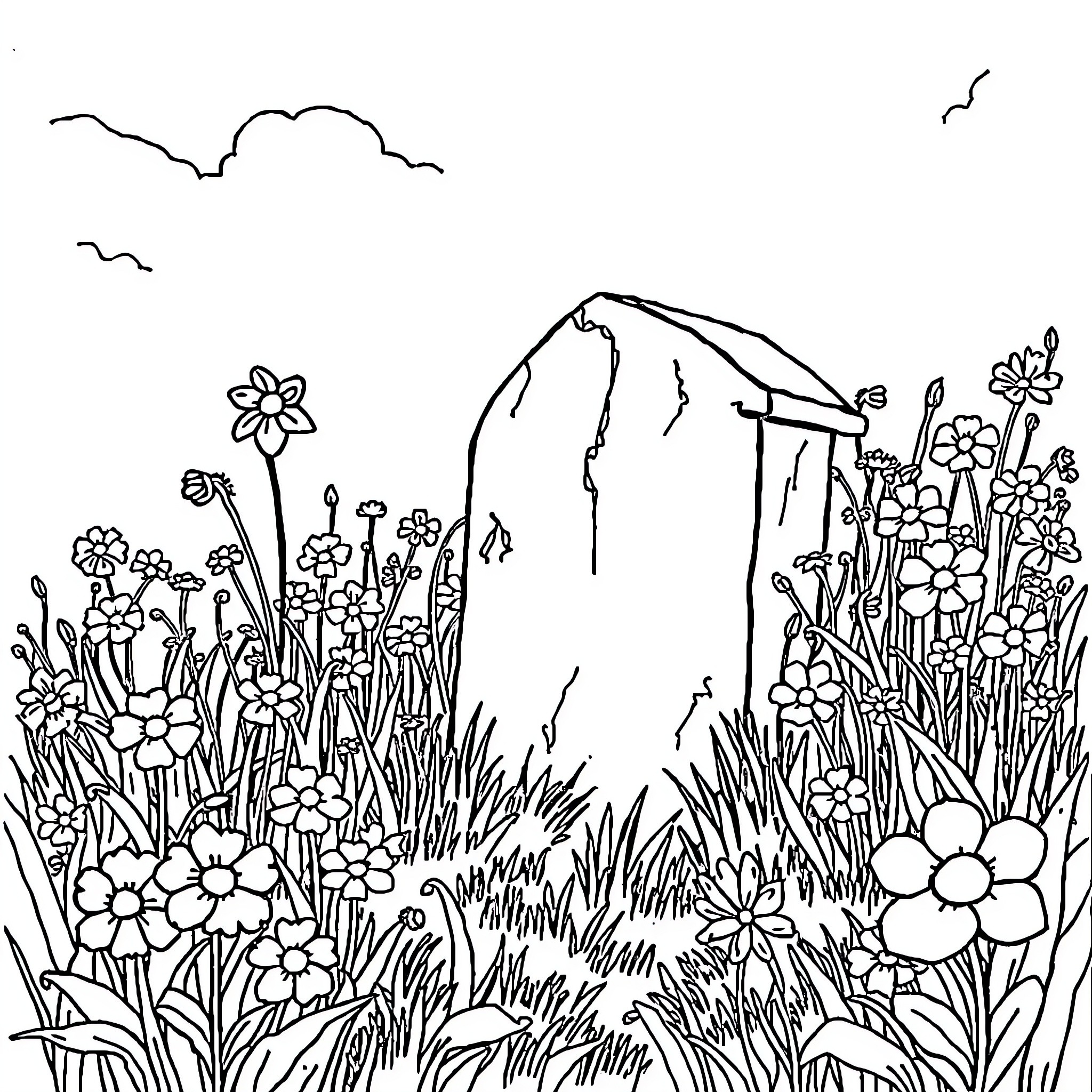 Grave Flowers blooming in the meadow Coloring Page (free black-and-white line drawing printable PDF for all, from beginners to advanced learners, including children, teens, adults, and seniors)