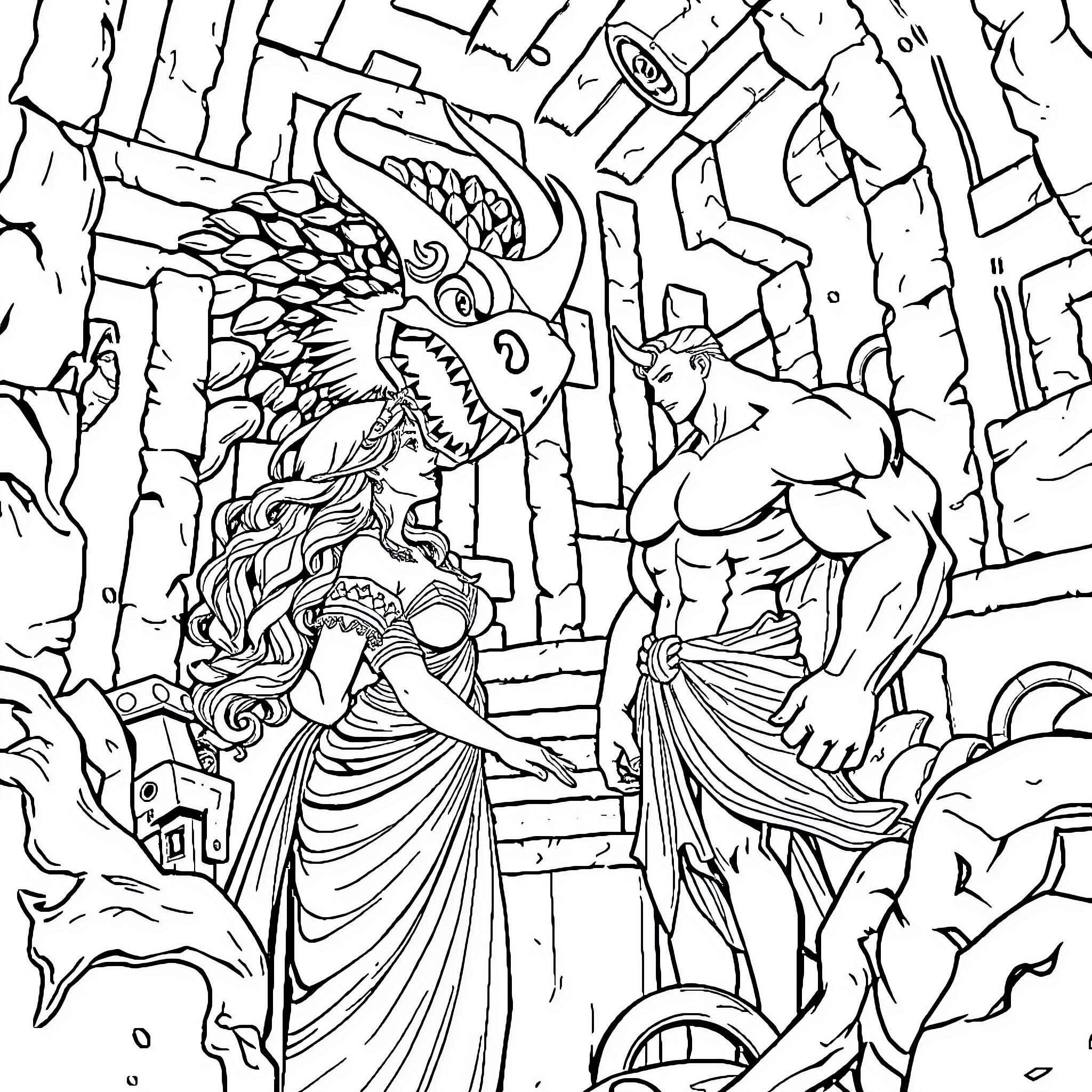 Theseus confronting the mighty Minotaur in the labyrinth Coloring Page (free black-and-white line drawing printable PDF for all, from beginners to advanced learners, including children, teens, adults, and seniors)