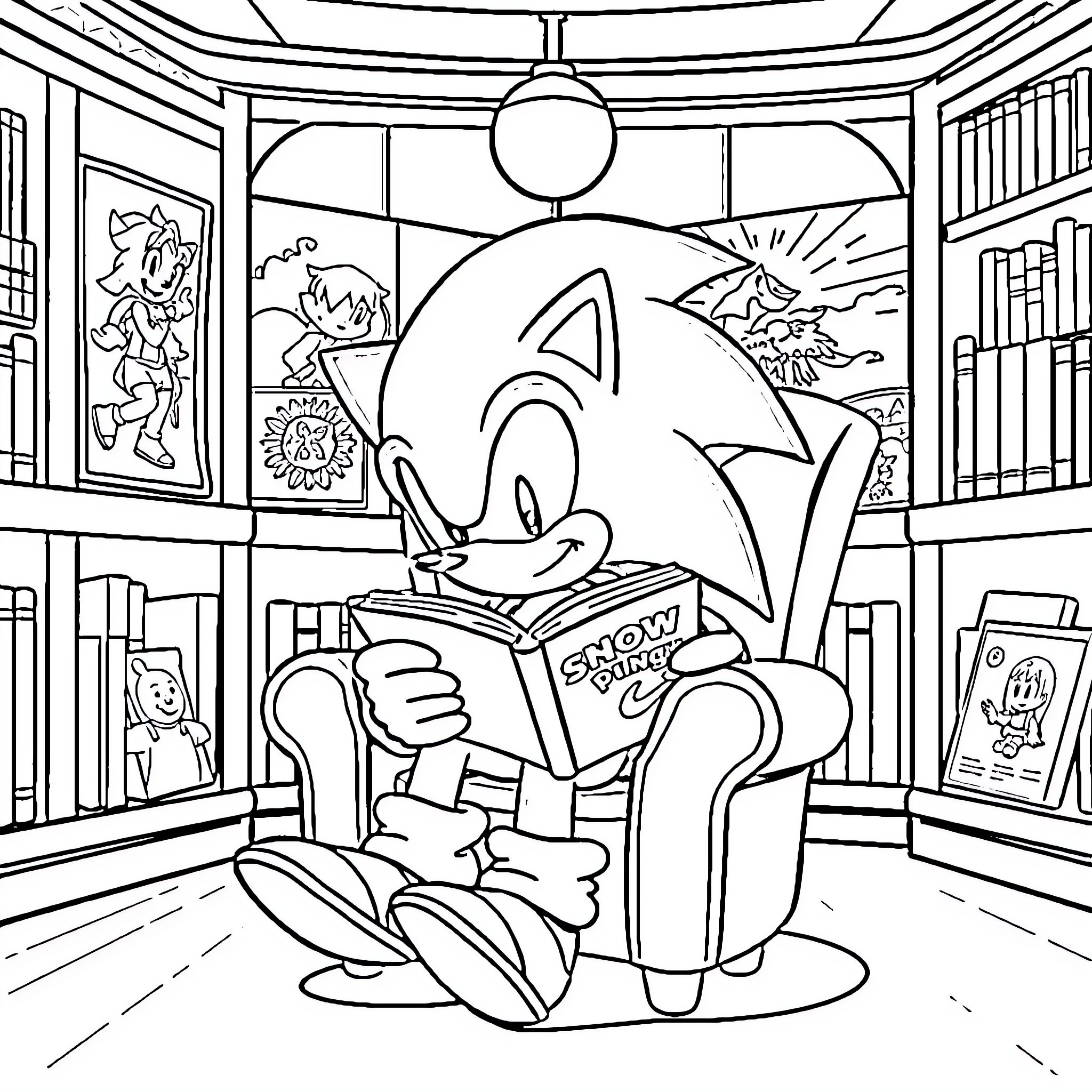 Sonic reading a book in a cozy library Coloring Page (free black-and-white line drawing printable PDF for all, from beginners to advanced learners, including children, teens, adults, and seniors)