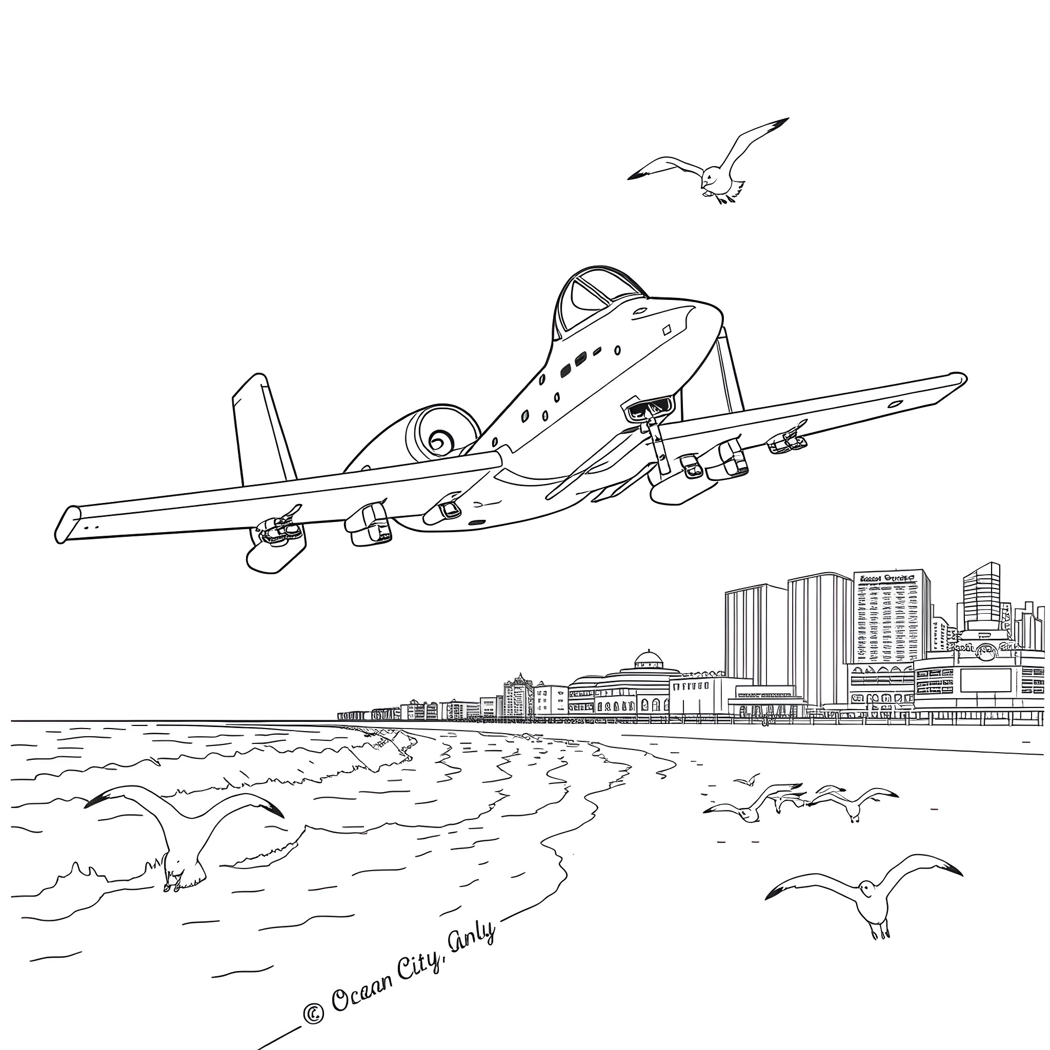 A-10 Warthog in Flight Over Coastal City Coloring Page (free black-and-white line drawing printable PDF for all, from beginners to advanced learners, including children, teens, adults, and seniors)